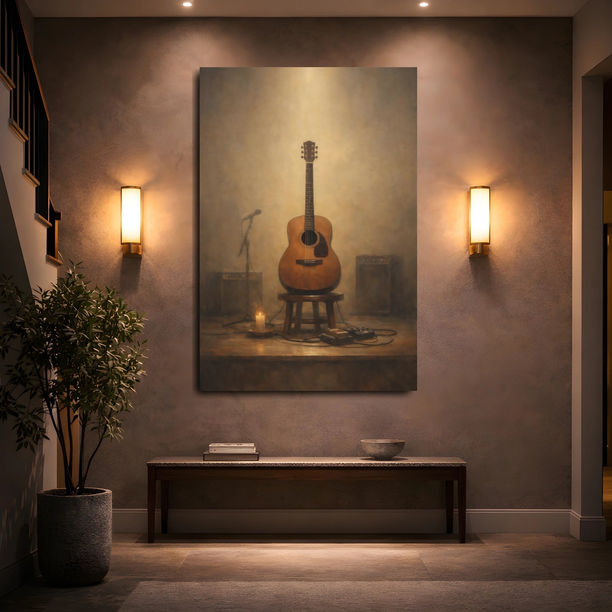 Mockup 4. Vintage Acoustic Guitar Vintage Guitar Stage shown as stretched canvas wall art