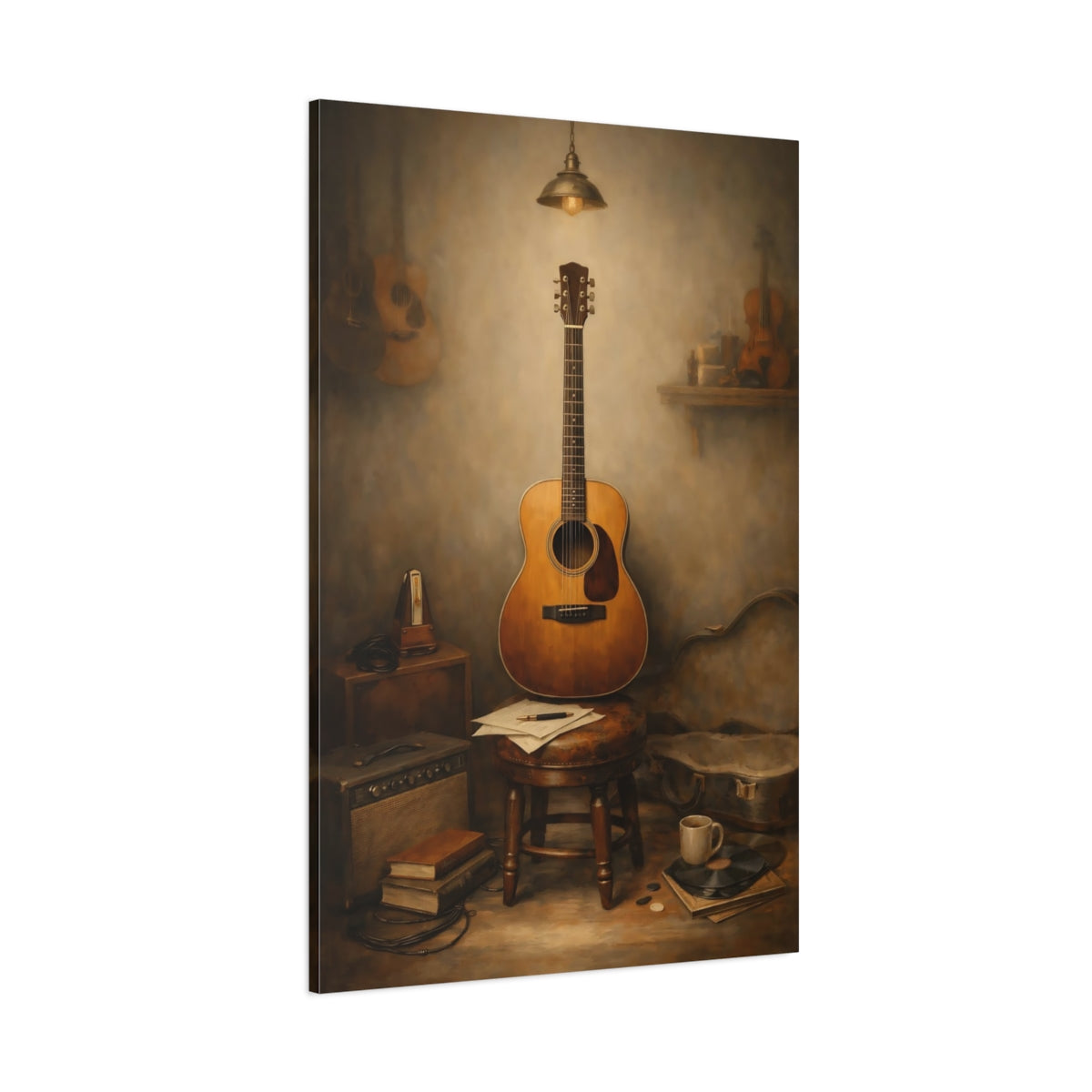 Main Mockup. Vintage Acoustic Guitar Vintage Guitar Still Life shown as stretched canvas wall art