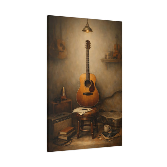 Main Mockup. Vintage Acoustic Guitar Vintage Guitar Still Life shown as stretched canvas wall art