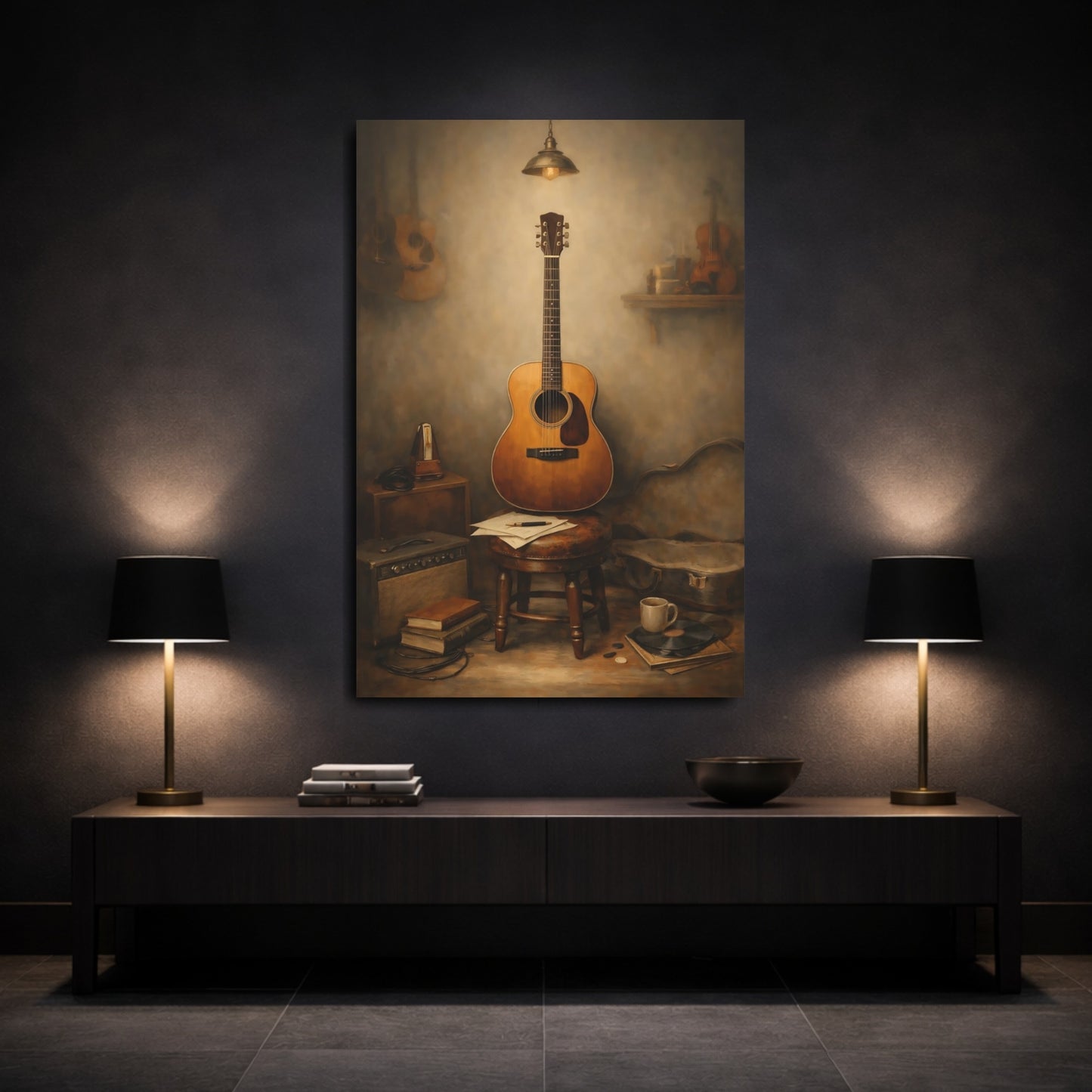 Mockup 2. Vintage Acoustic Guitar Vintage Guitar Still Life shown as stretched canvas wall art