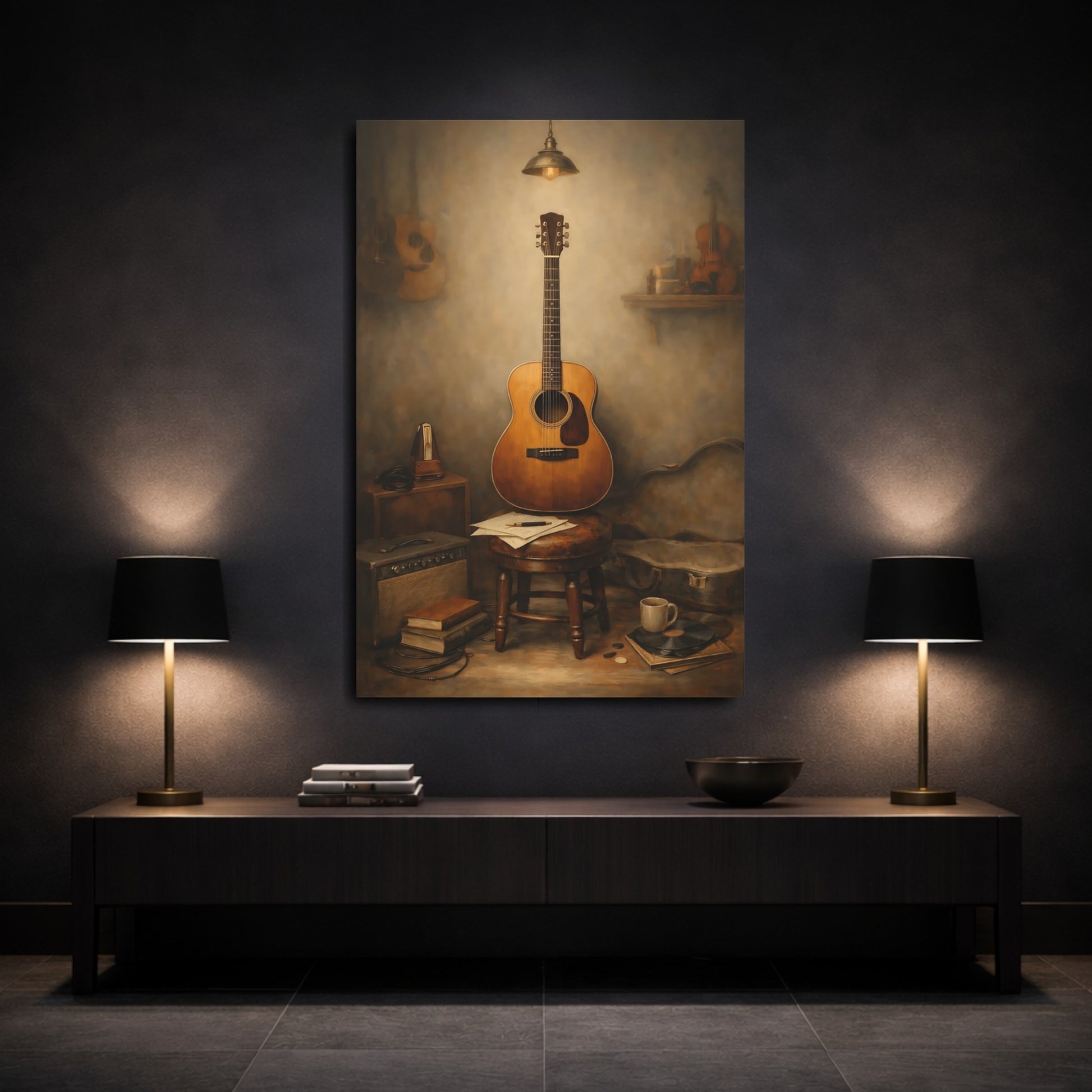 Mockup 2. Vintage Acoustic Guitar Vintage Guitar Still Life shown as stretched canvas wall art