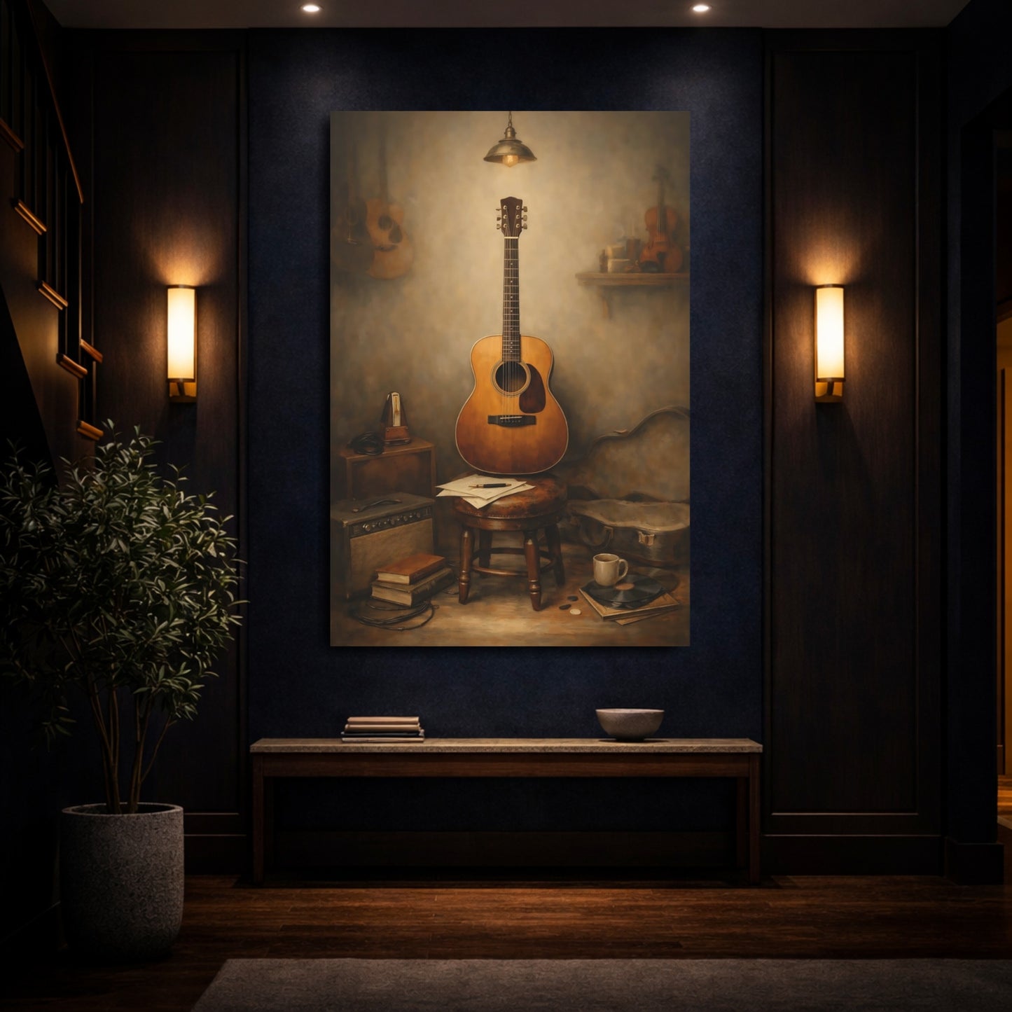 Mockup 3. Vintage Acoustic Guitar Vintage Guitar Still Life shown as stretched canvas wall art