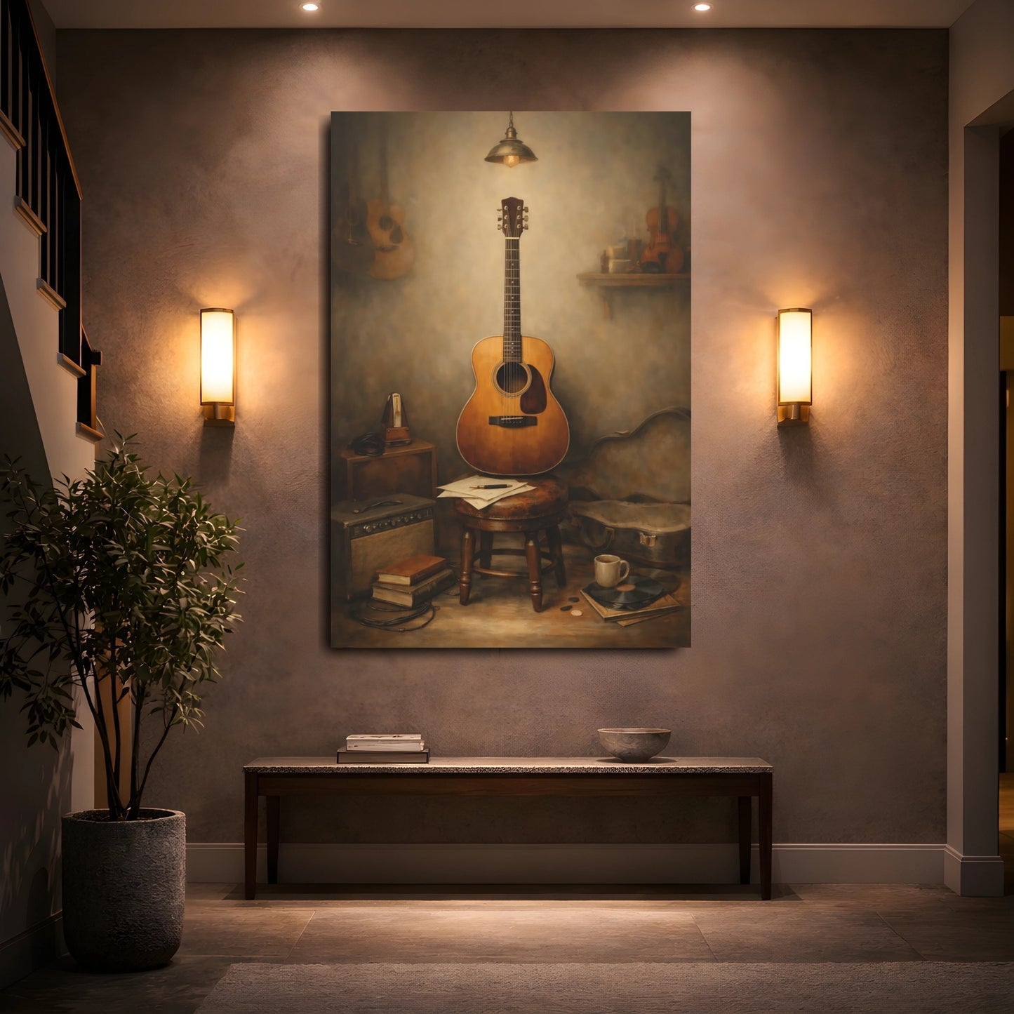 Mockup 4. Vintage Acoustic Guitar Vintage Guitar Still Life shown as stretched canvas wall art