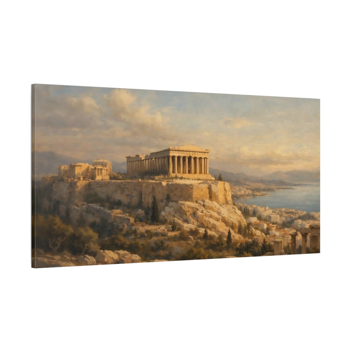 Main Mockup. Vintage Acropolis Golden Hour Landscape shown as stretched canvas wall art