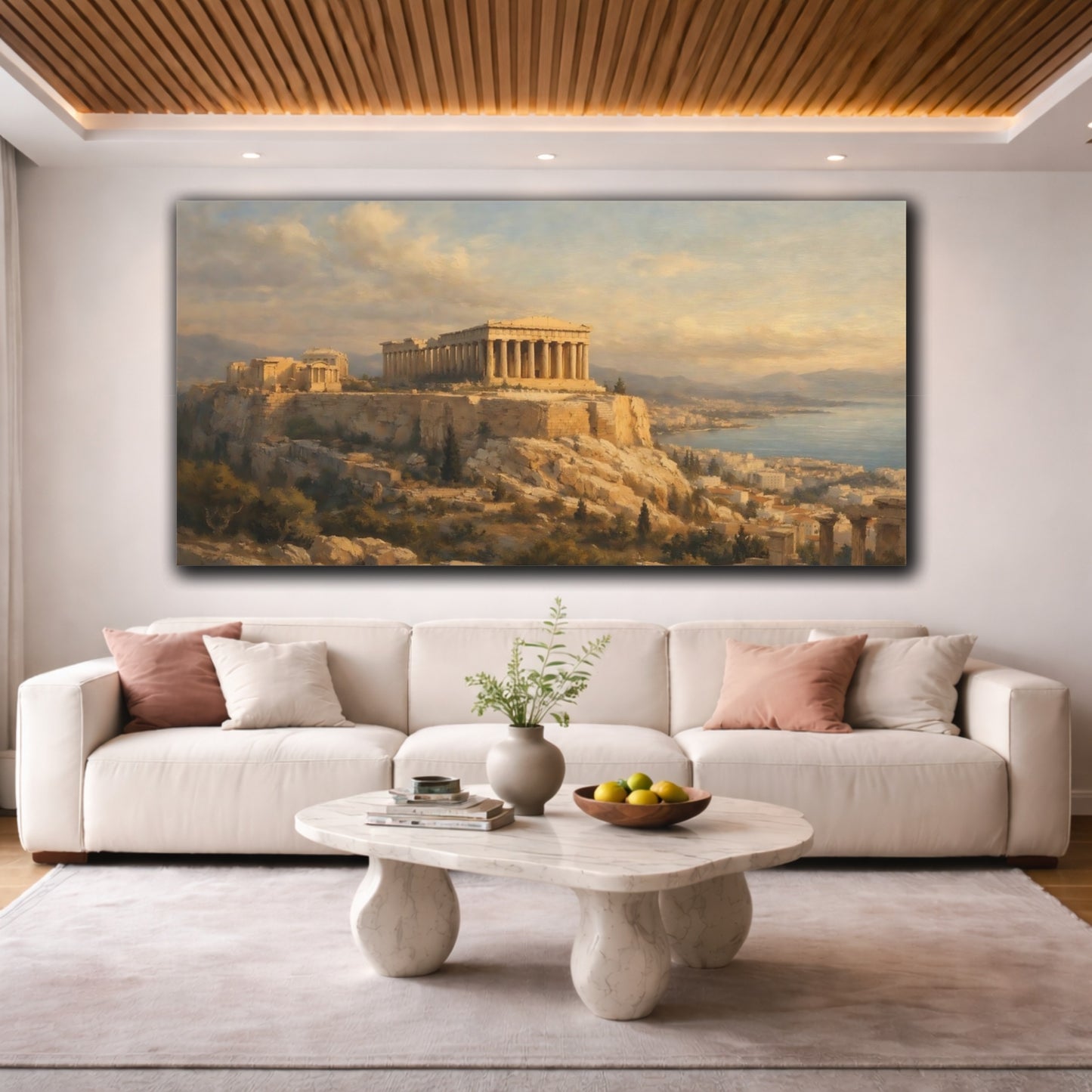Mockup 3. Vintage Acropolis Golden Hour Landscape shown as stretched canvas wall art