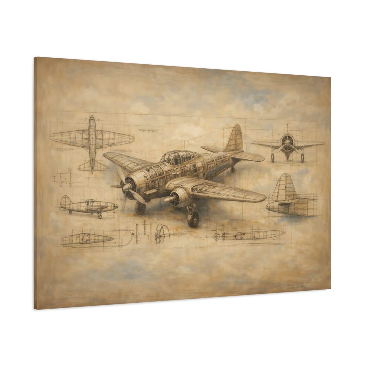 Main Mockup. Vintage Airplane Brown Aviation Blueprint shown as stretched canvas wall art