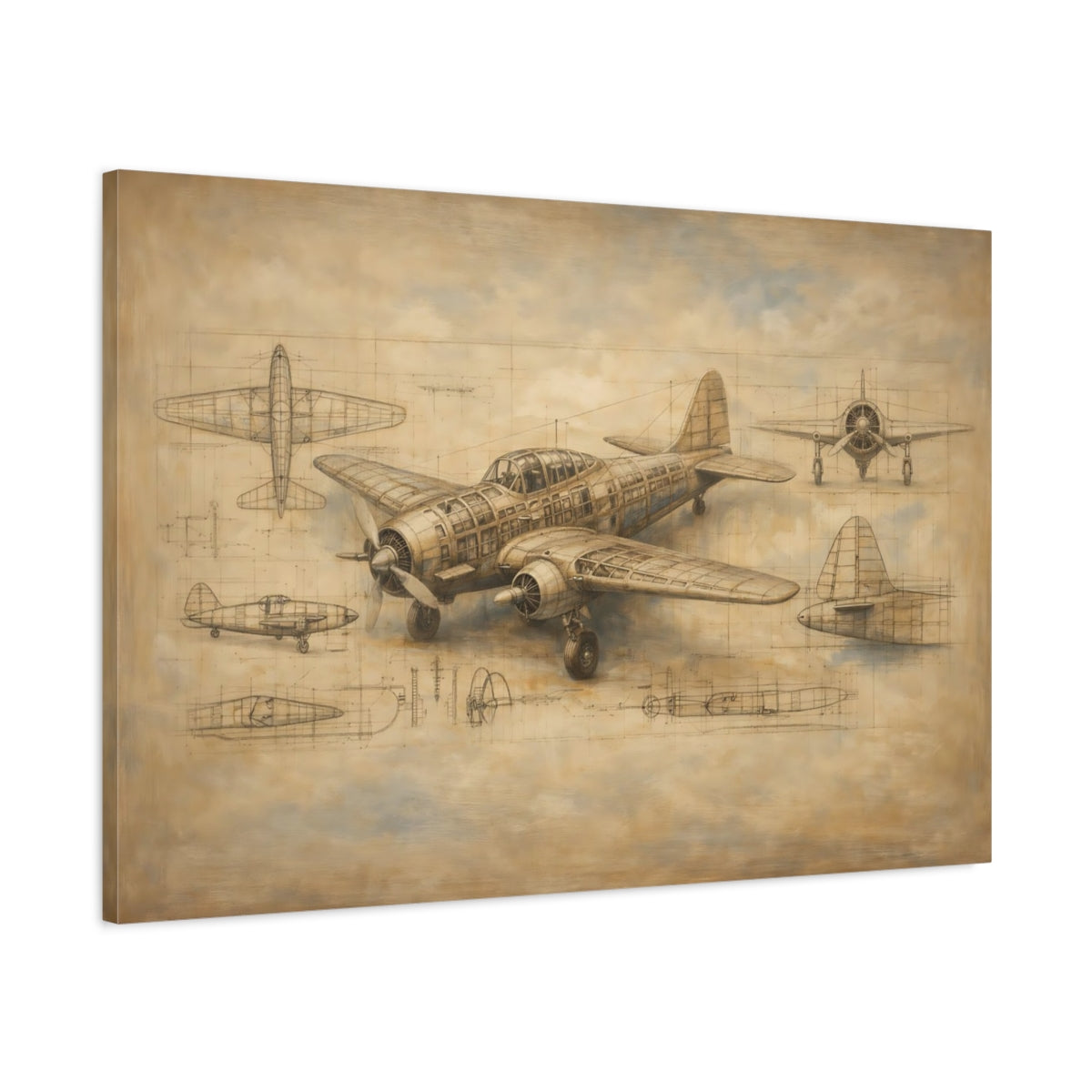 Side Mockup 1. Vintage Airplane Brown Aviation Blueprint shown as stretched canvas wall art