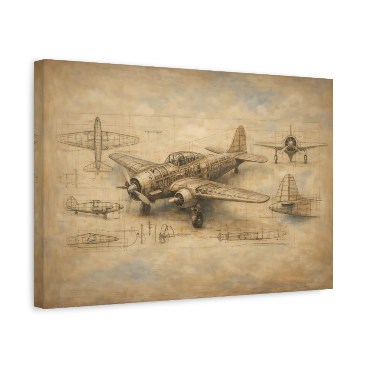 Side Mockup 4. Vintage Airplane Brown Aviation Blueprint shown as stretched canvas wall art