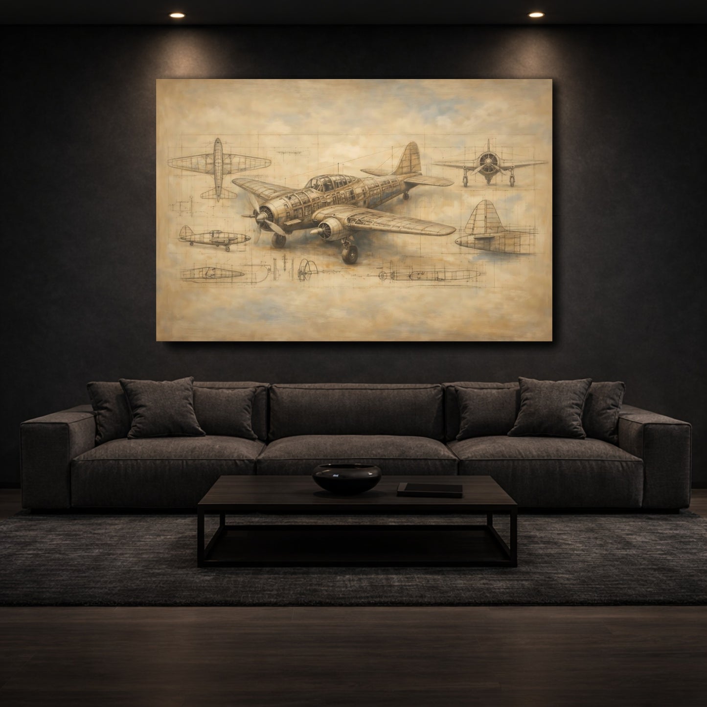 Mockup 2. Vintage Airplane Brown Aviation Blueprint shown as stretched canvas wall art