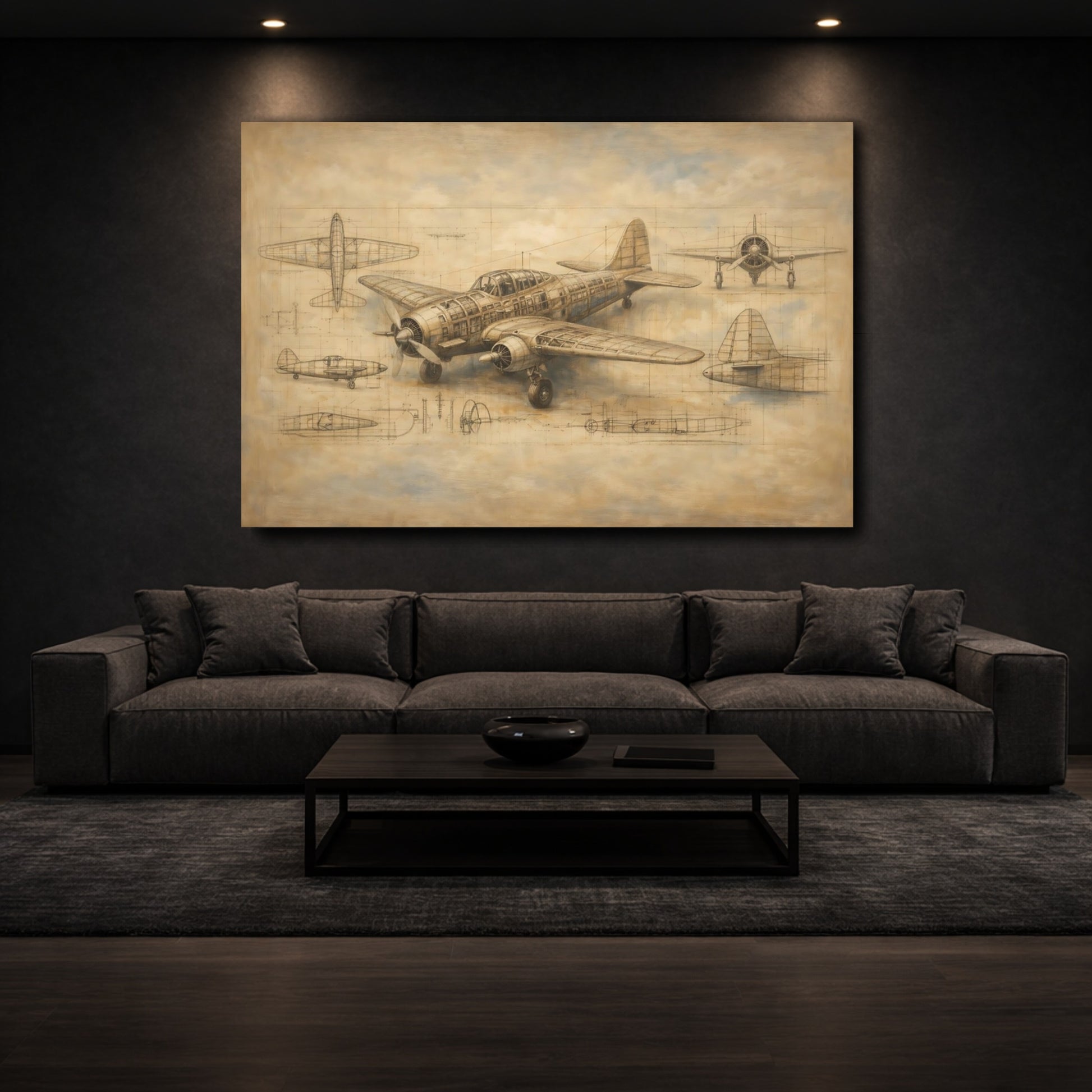 Mockup 2. Vintage Airplane Brown Aviation Blueprint shown as stretched canvas wall art