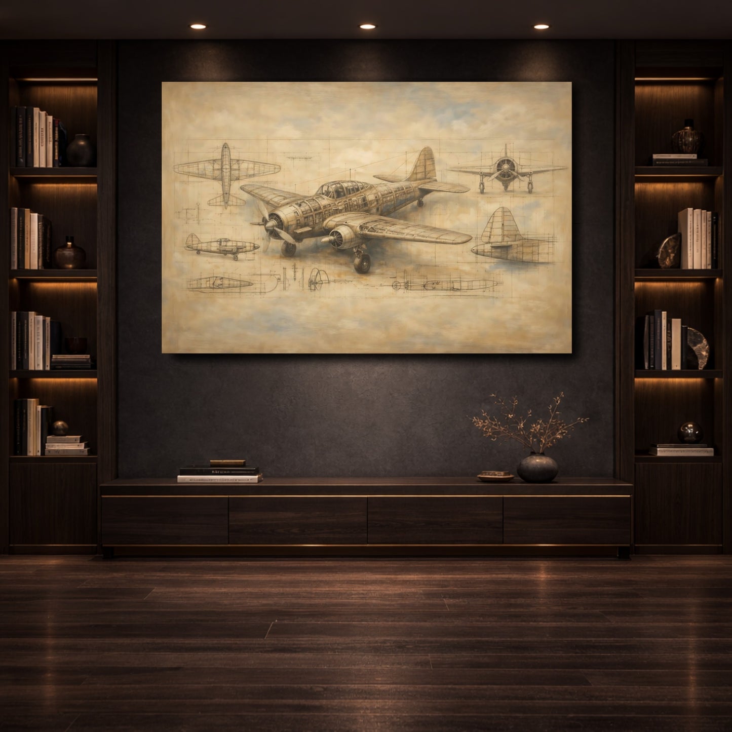 Mockup 3. Vintage Airplane Brown Aviation Blueprint shown as stretched canvas wall art