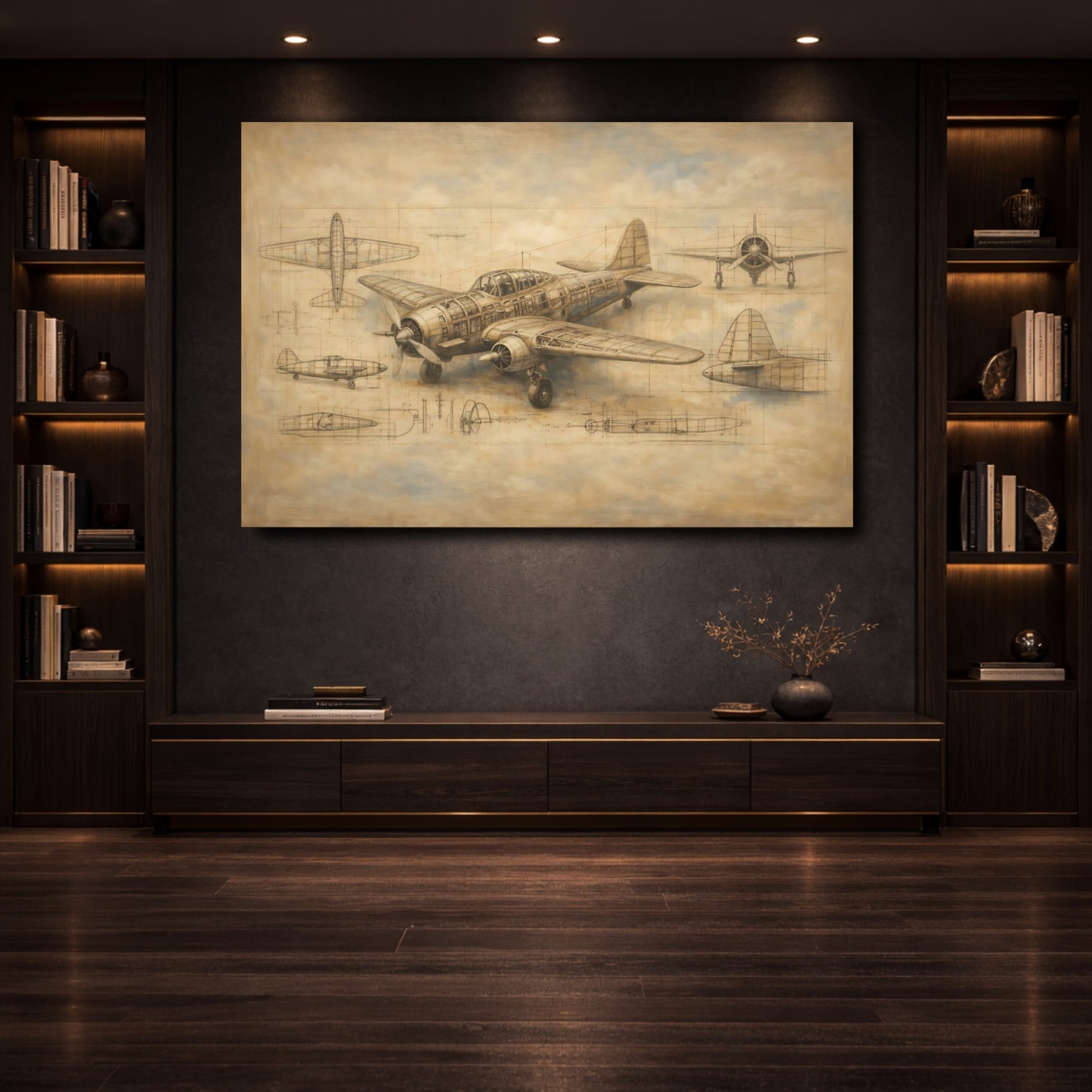 Mockup 3. Vintage Airplane Brown Aviation Blueprint shown as stretched canvas wall art