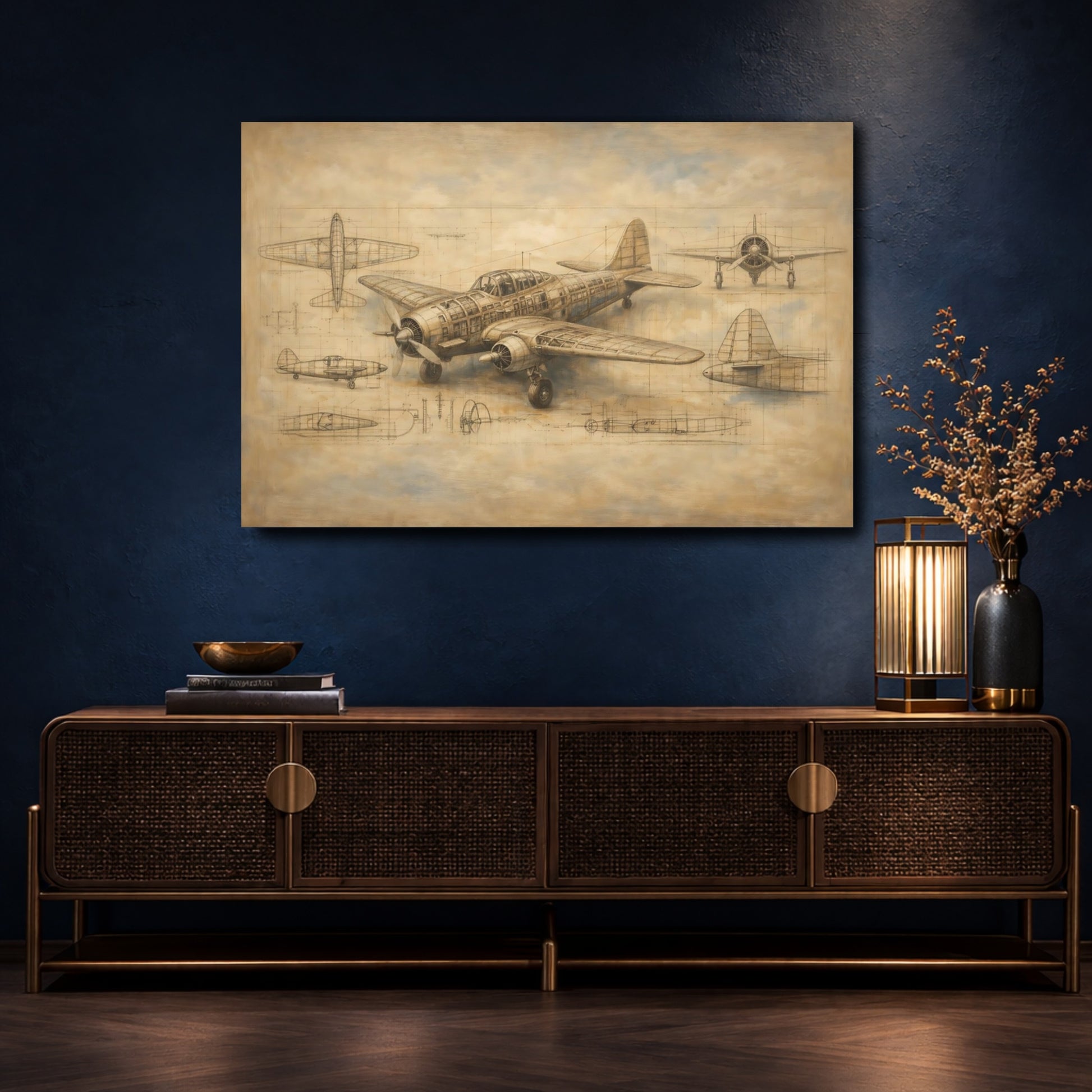 Mockup 4. Vintage Airplane Brown Aviation Blueprint shown as stretched canvas wall art
