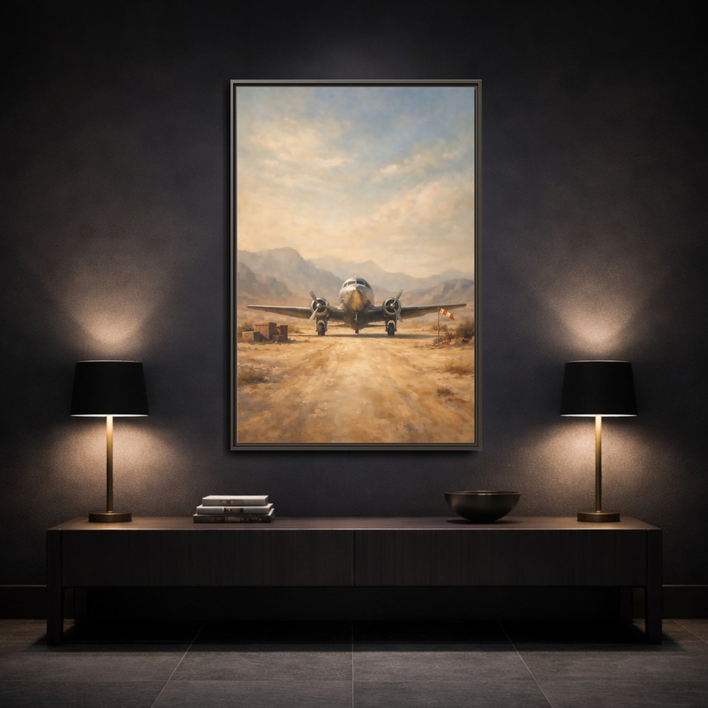 Mockup 2. Vintage Airplane Desert Airplane shown as stretched canvas wall art