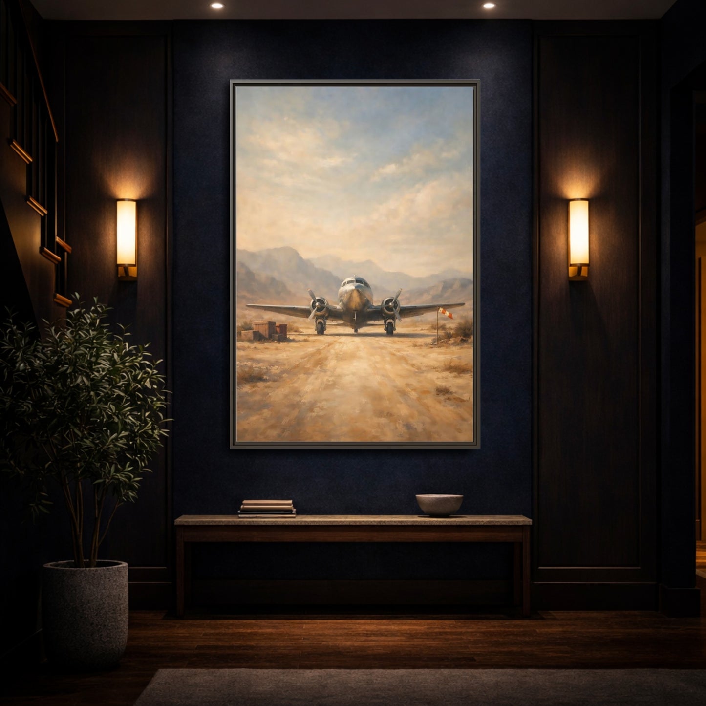 Mockup 3. Vintage Airplane Desert Airplane shown as stretched canvas wall art