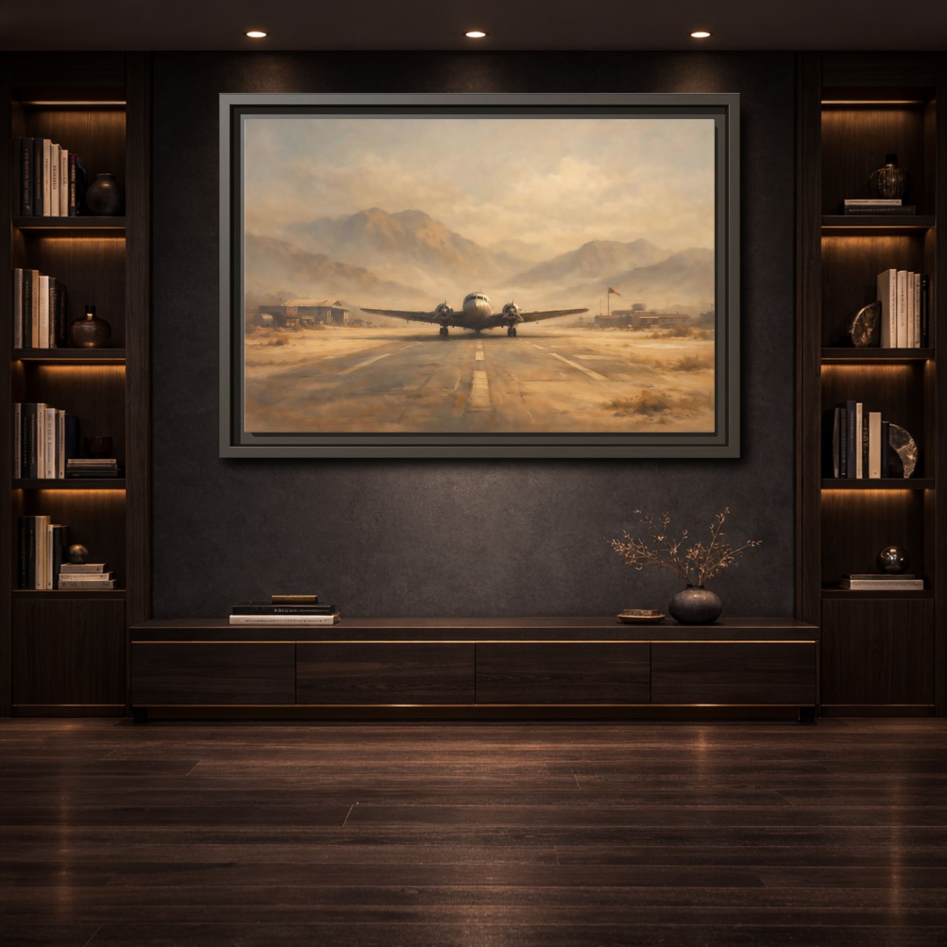Mockup 3. Vintage Airplane Desert Airplane shown as stretched canvas wall art