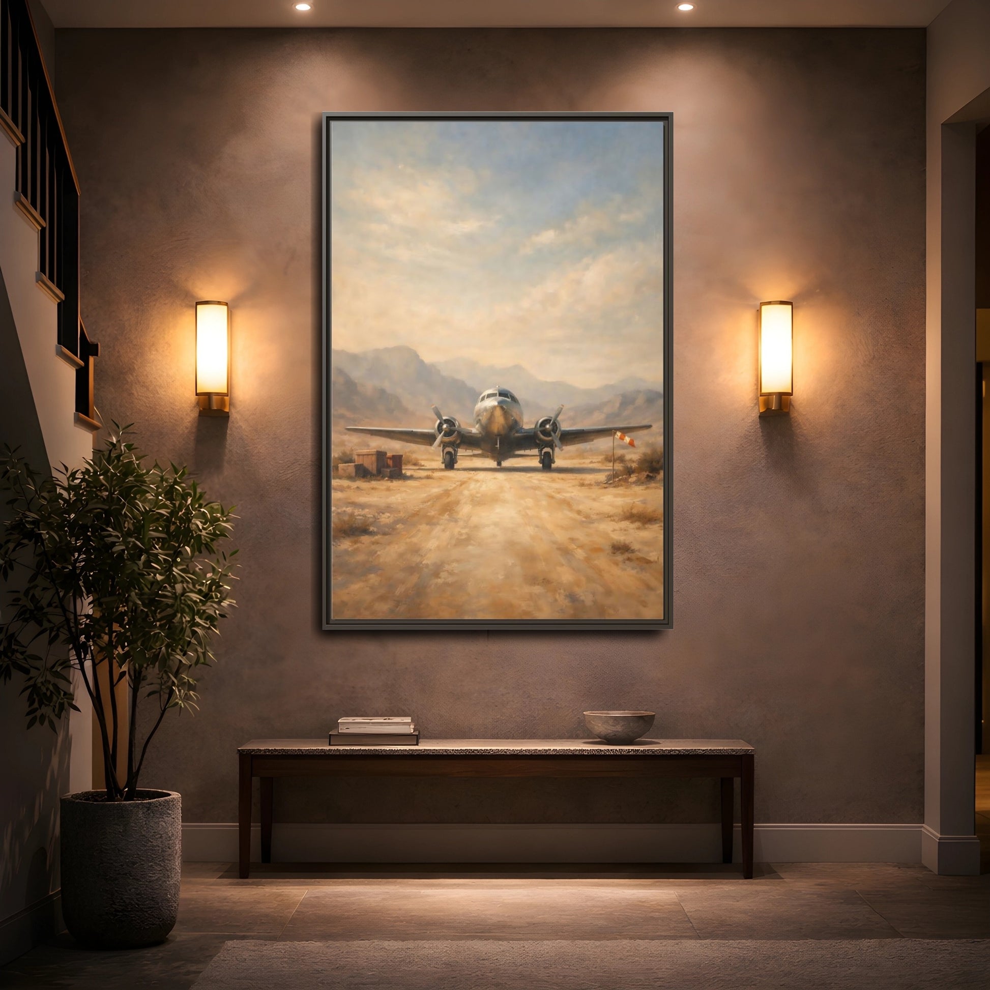 Mockup 4. Vintage Airplane Desert Airplane shown as stretched canvas wall art