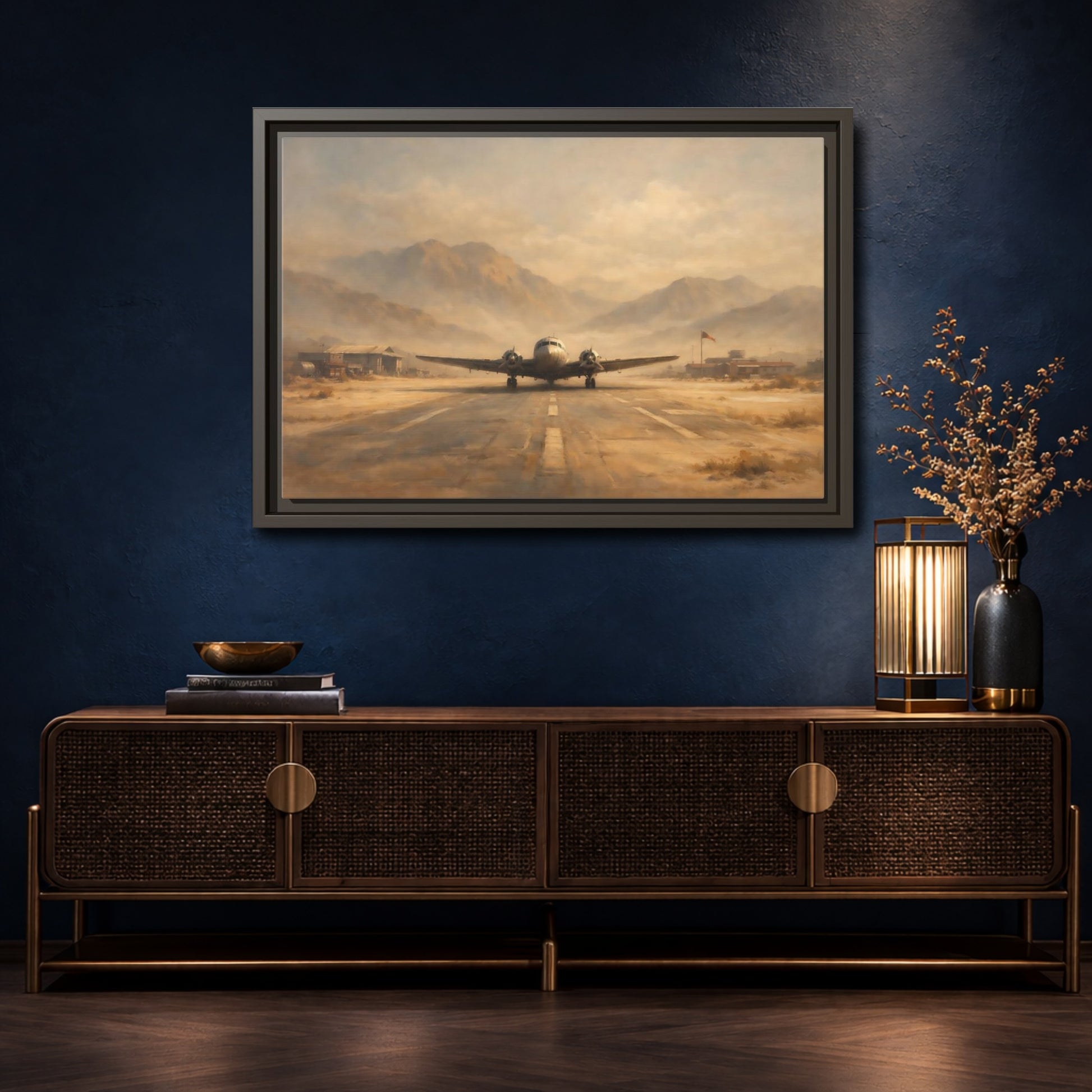 Mockup 4. Vintage Airplane Desert Airplane shown as stretched canvas wall art