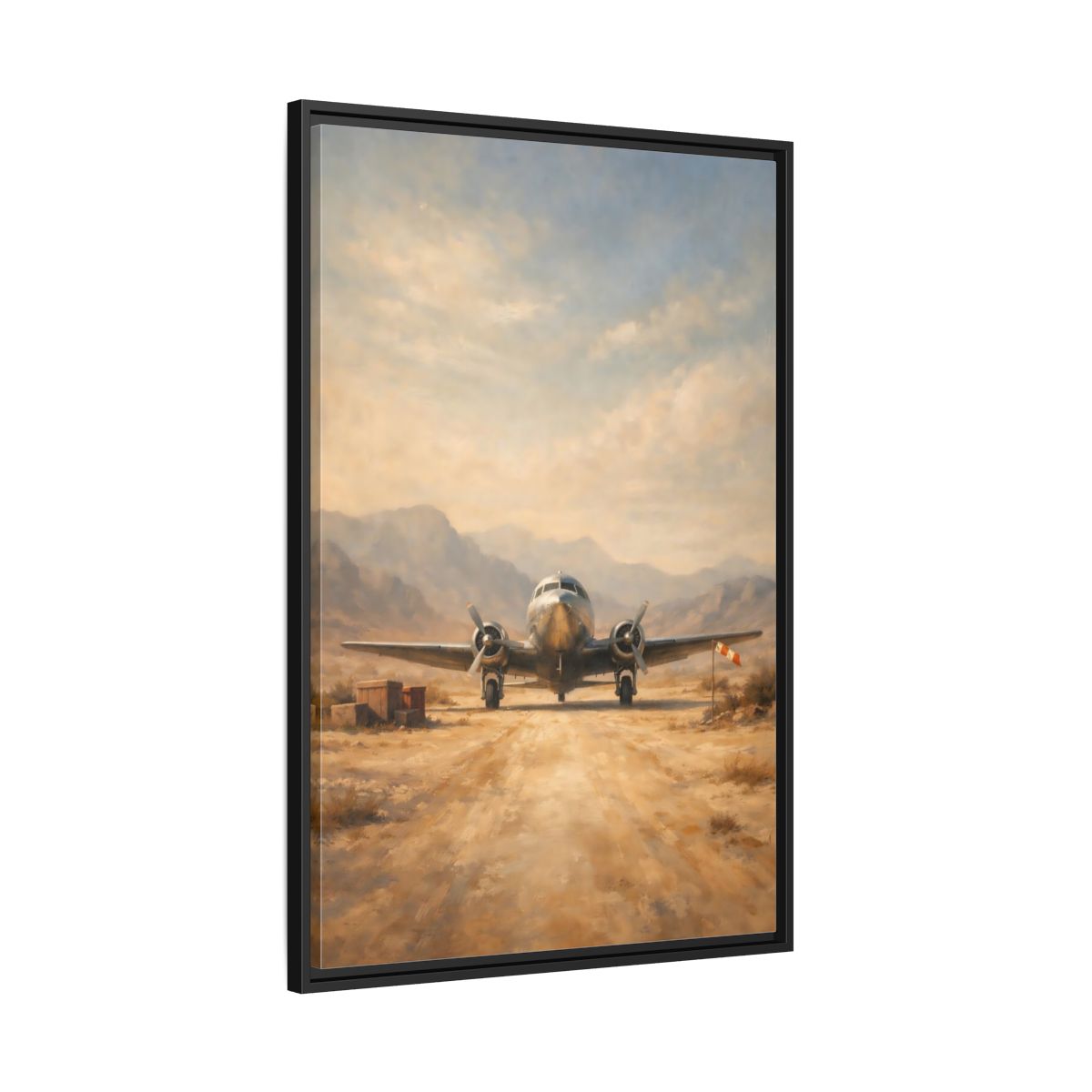 Side Mockup 13. Vintage Airplane Desert Airplane shown as stretched canvas wall art