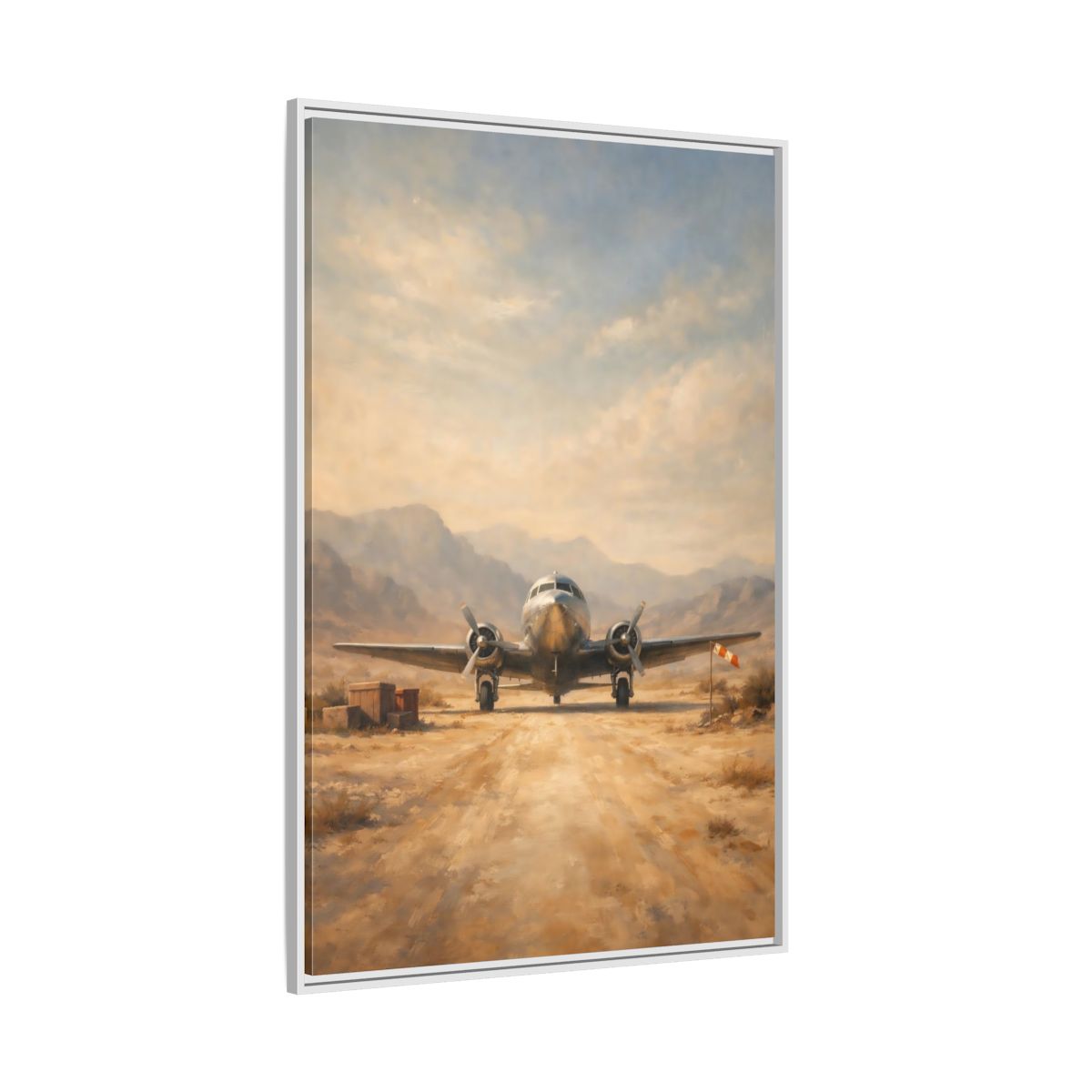 Side Mockup 7. Vintage Airplane Desert Airplane shown as stretched canvas wall art