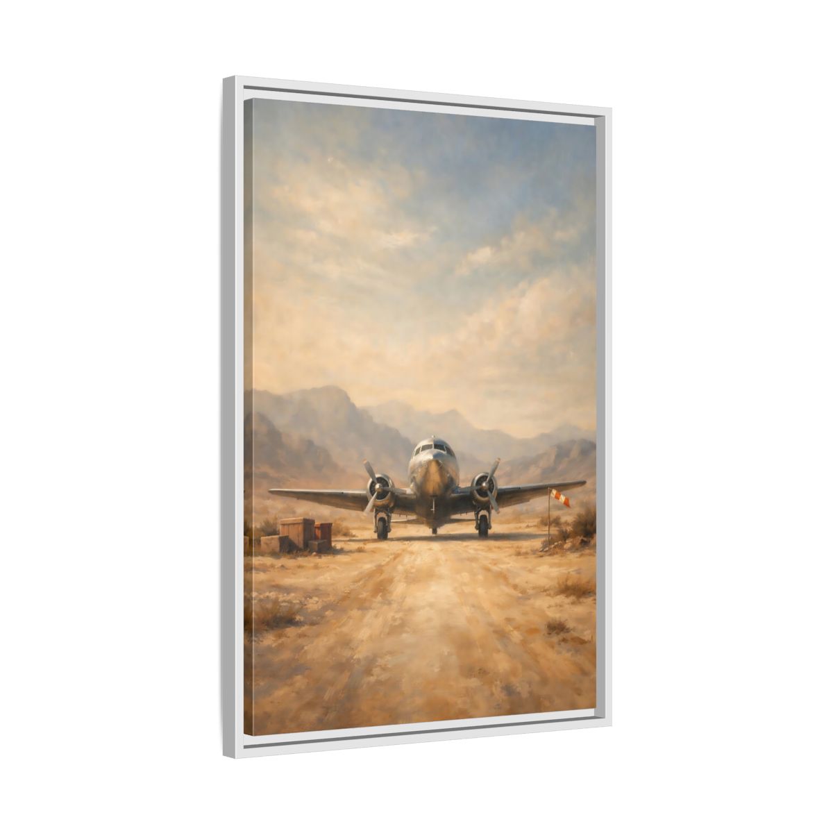 Side Mockup 11. Vintage Airplane Desert Airplane shown as stretched canvas wall art