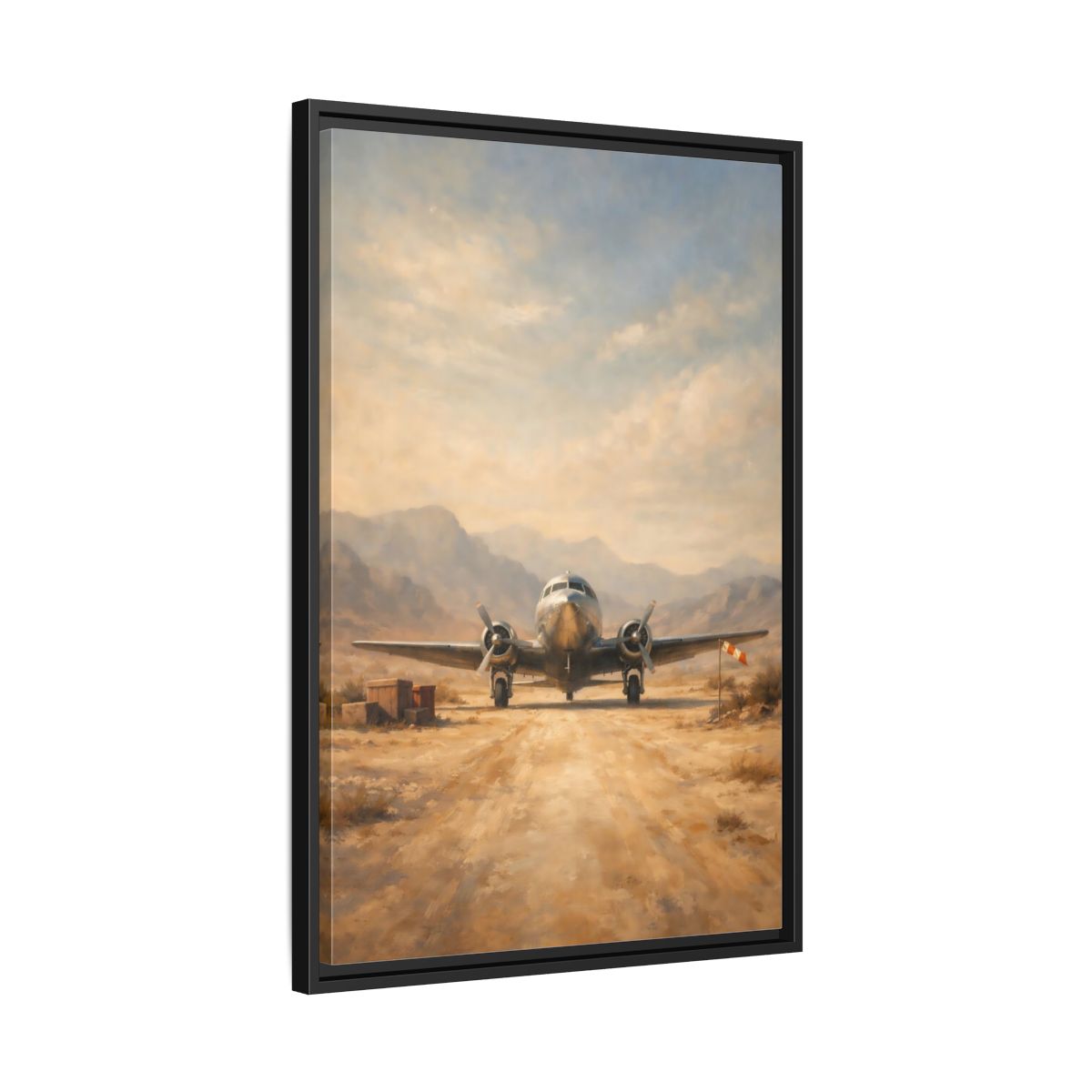 Side Mockup 14. Vintage Airplane Desert Airplane shown as stretched canvas wall art