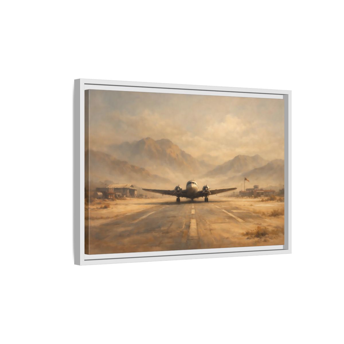Side Mockup 1. Vintage Airplane Desert Airplane shown as stretched canvas wall art