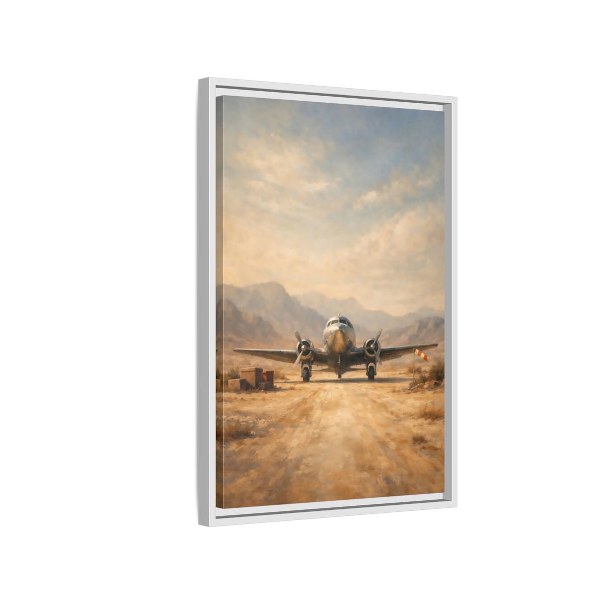 Side Mockup 1. Vintage Airplane Desert Airplane shown as stretched canvas wall art