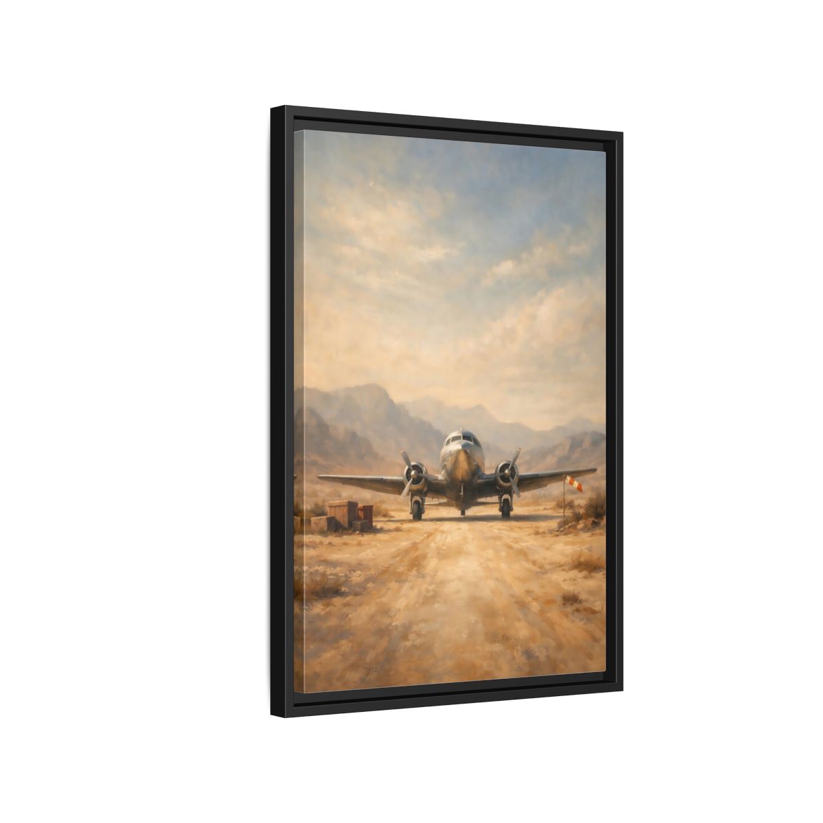 Side Mockup 3. Vintage Airplane Desert Airplane shown as stretched canvas wall art