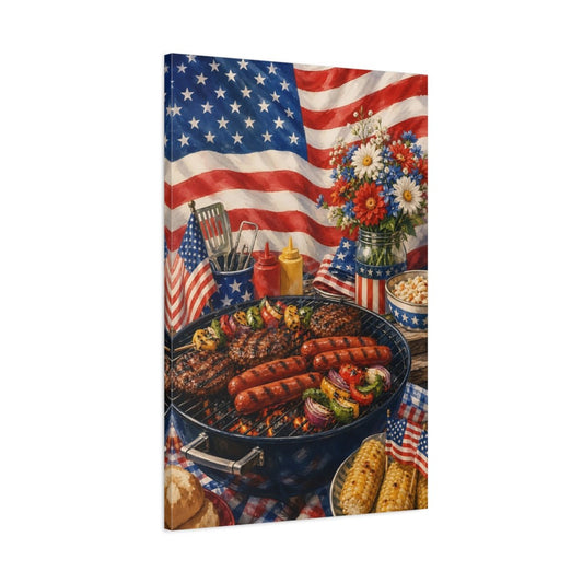 Vintage American Bbq Patriotic Canvas Print – Watercolor Decor for Living Room, Above Fireplace - YesArtYes