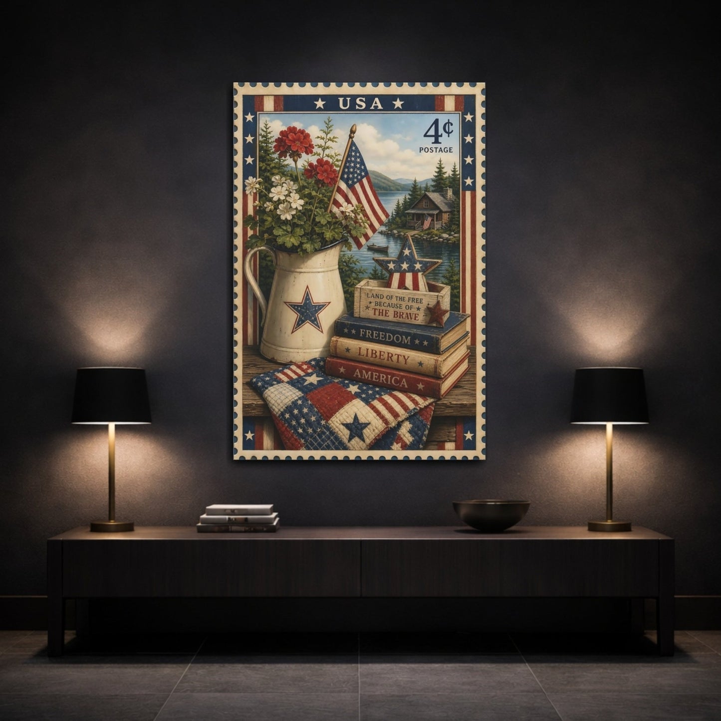 Vintage American Flag Red White Blue Canvas Print – Living Room, Above Console Table - YesArtYes