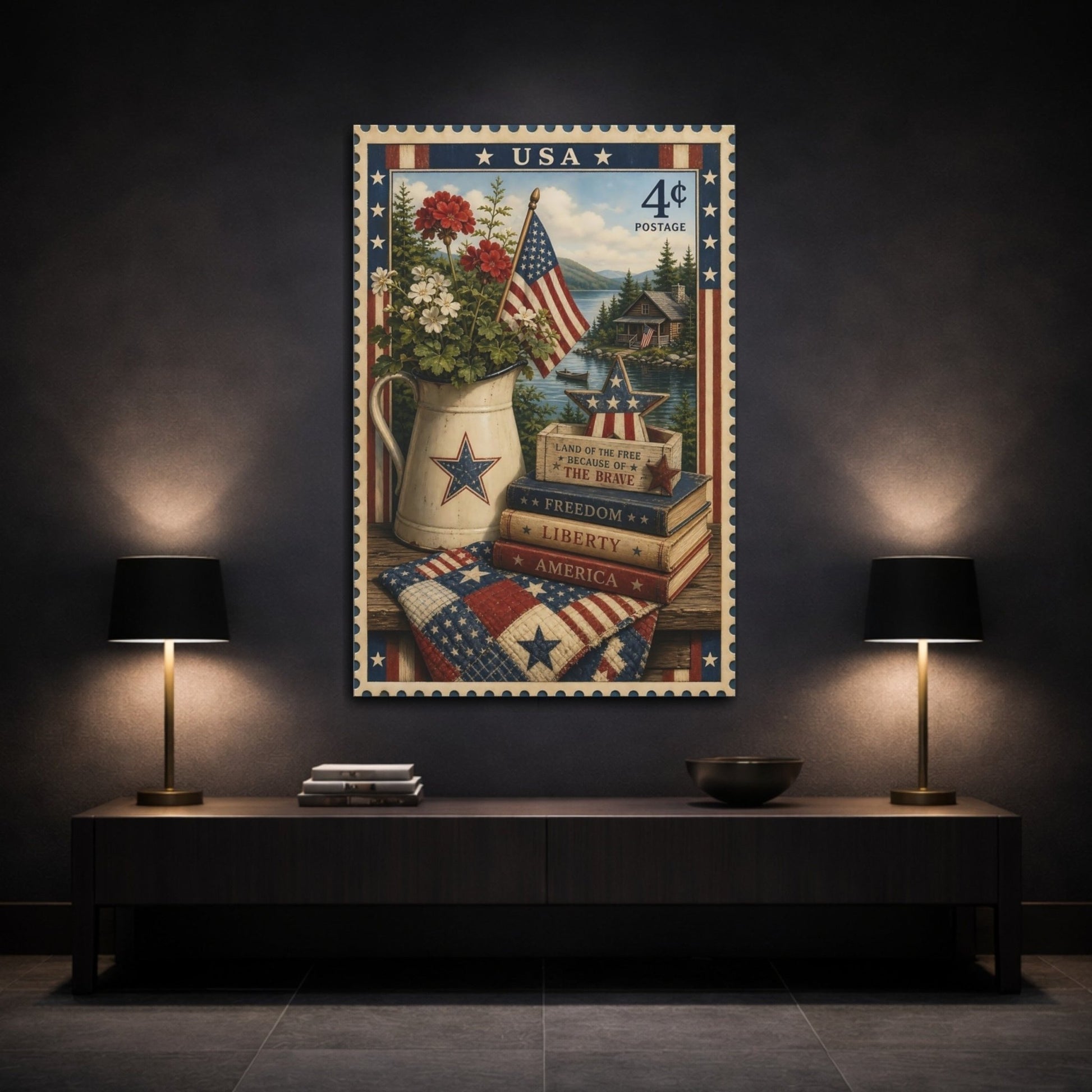 Vintage American Flag Red White Blue Canvas Print – Living Room, Above Console Table - YesArtYes