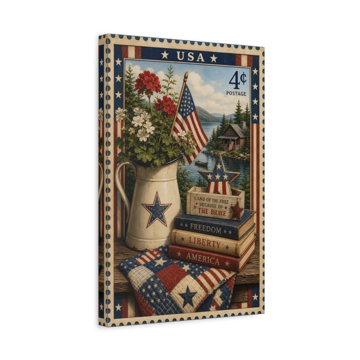 Vintage American Flag Red White Blue Canvas Print – Living Room, Above Console Table - YesArtYes