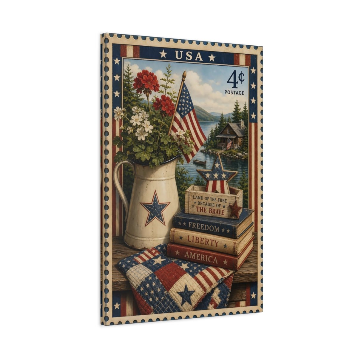 Vintage American Flag Red White Blue Canvas Print – Living Room, Above Console Table - YesArtYes