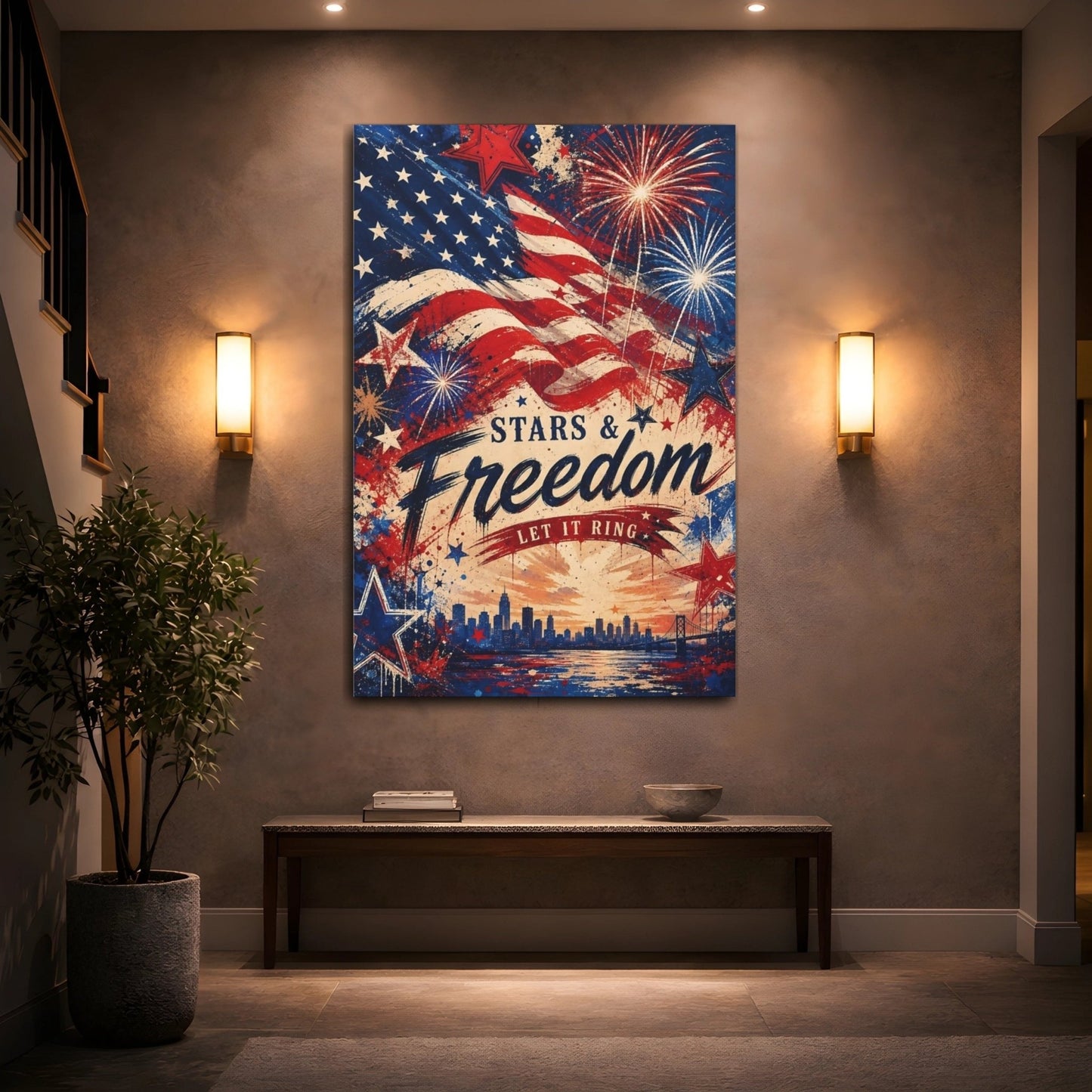 Vintage American Flag Red White Blue Canvas Wall Art Print – Living Room, Above Console Table - YesArtYes