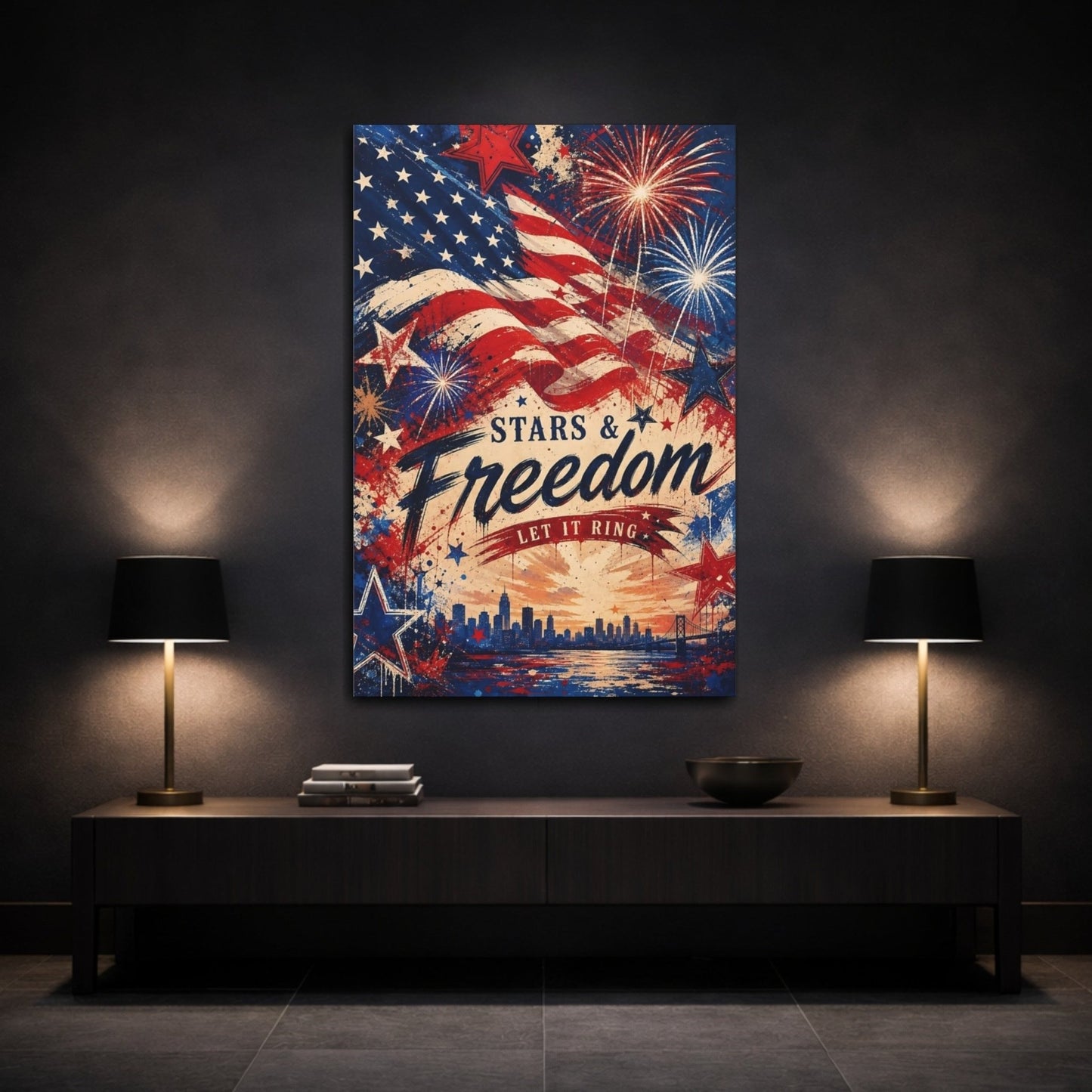 Vintage American Flag Red White Blue Canvas Wall Art Print – Living Room, Above Console Table - YesArtYes