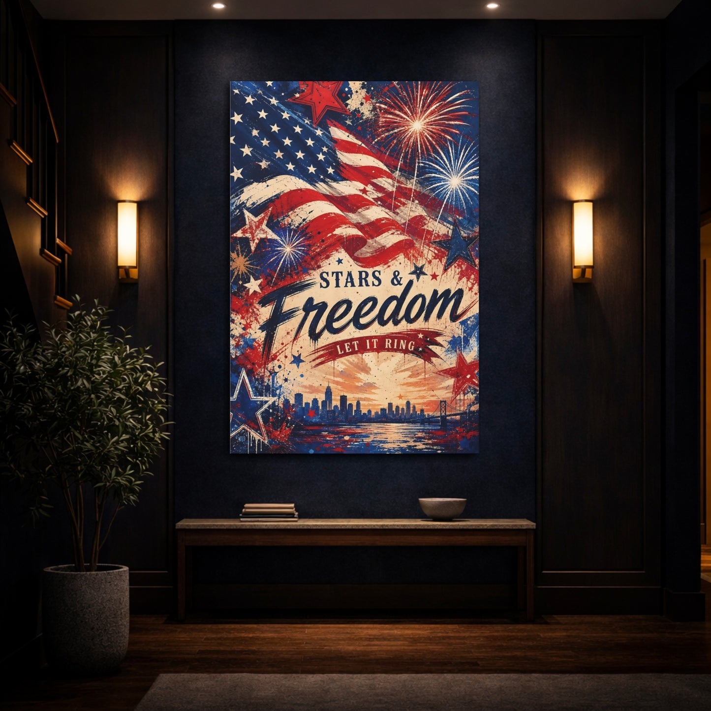 Mockup 4. Vintage American Flag Red White Blue shown as stretched canvas wall art