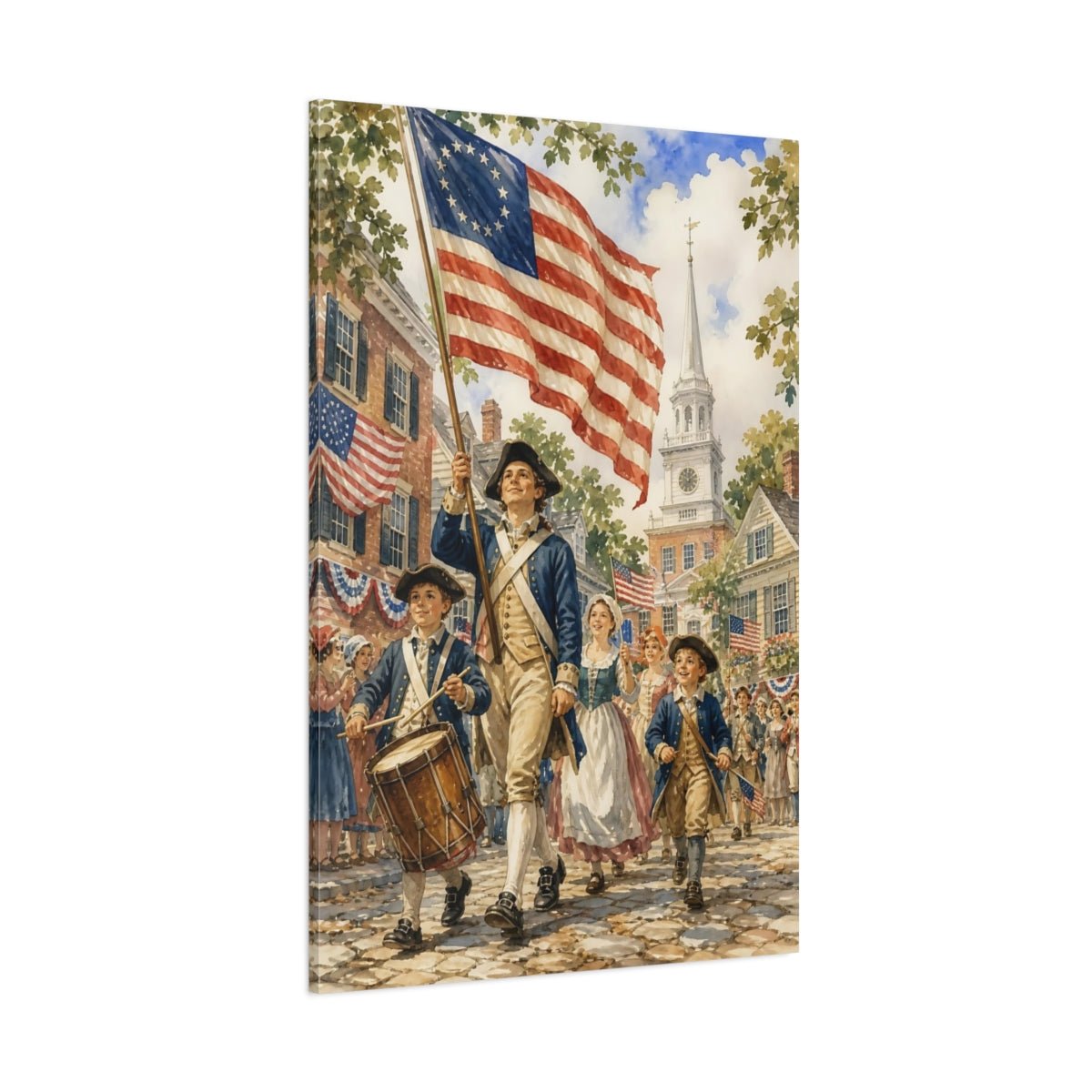 Vintage American Parade Red White Blue Canvas Wall Art Print – Traditional Living Room, Above Couch - YesArtYes