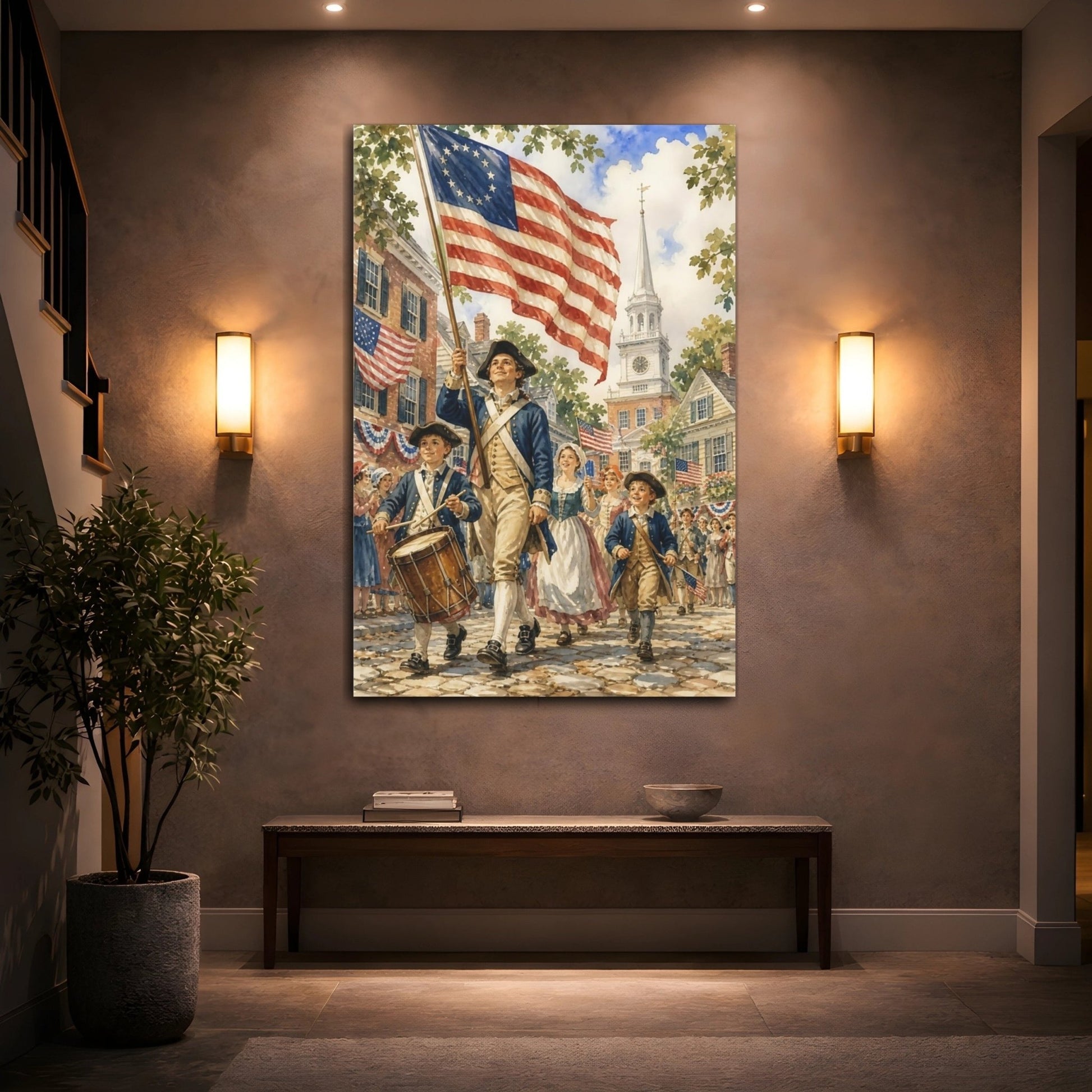 Vintage American Parade Red White Blue Canvas Wall Art Print – Traditional Living Room, Above Couch - YesArtYes