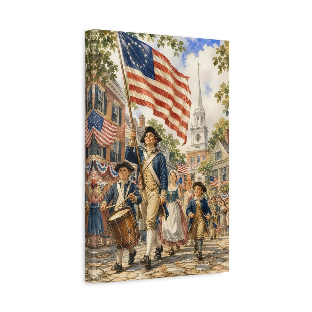 Vintage American Parade Red White Blue Canvas Wall Art Print – Traditional Living Room, Above Couch - YesArtYes