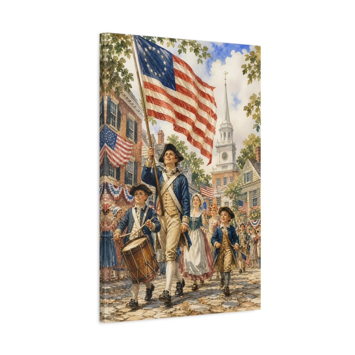 Vintage American Parade Red White Blue Canvas Wall Art Print – Traditional Living Room, Above Couch - YesArtYes