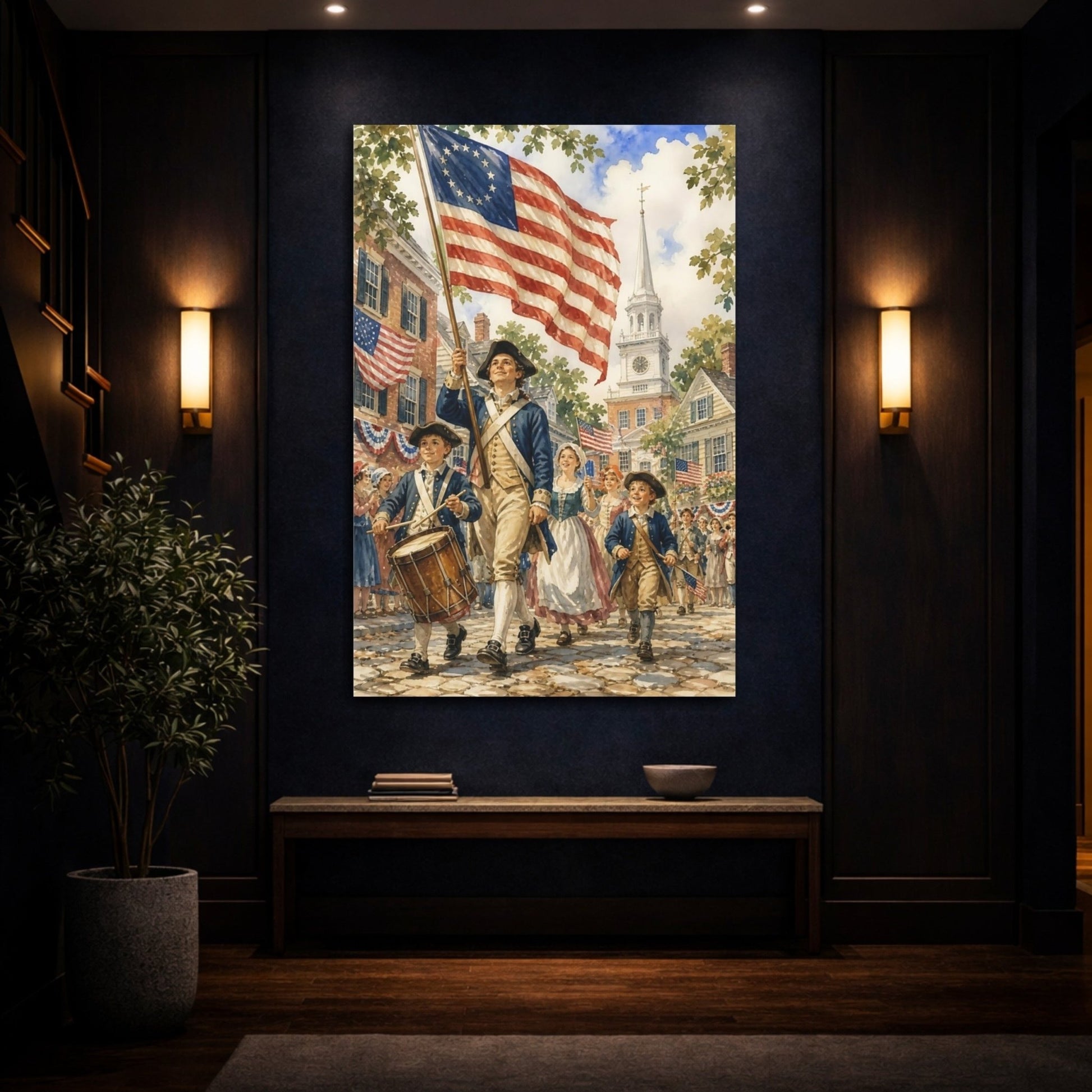 Vintage American Parade Red White Blue Canvas Wall Art Print – Traditional Living Room, Above Couch - YesArtYes