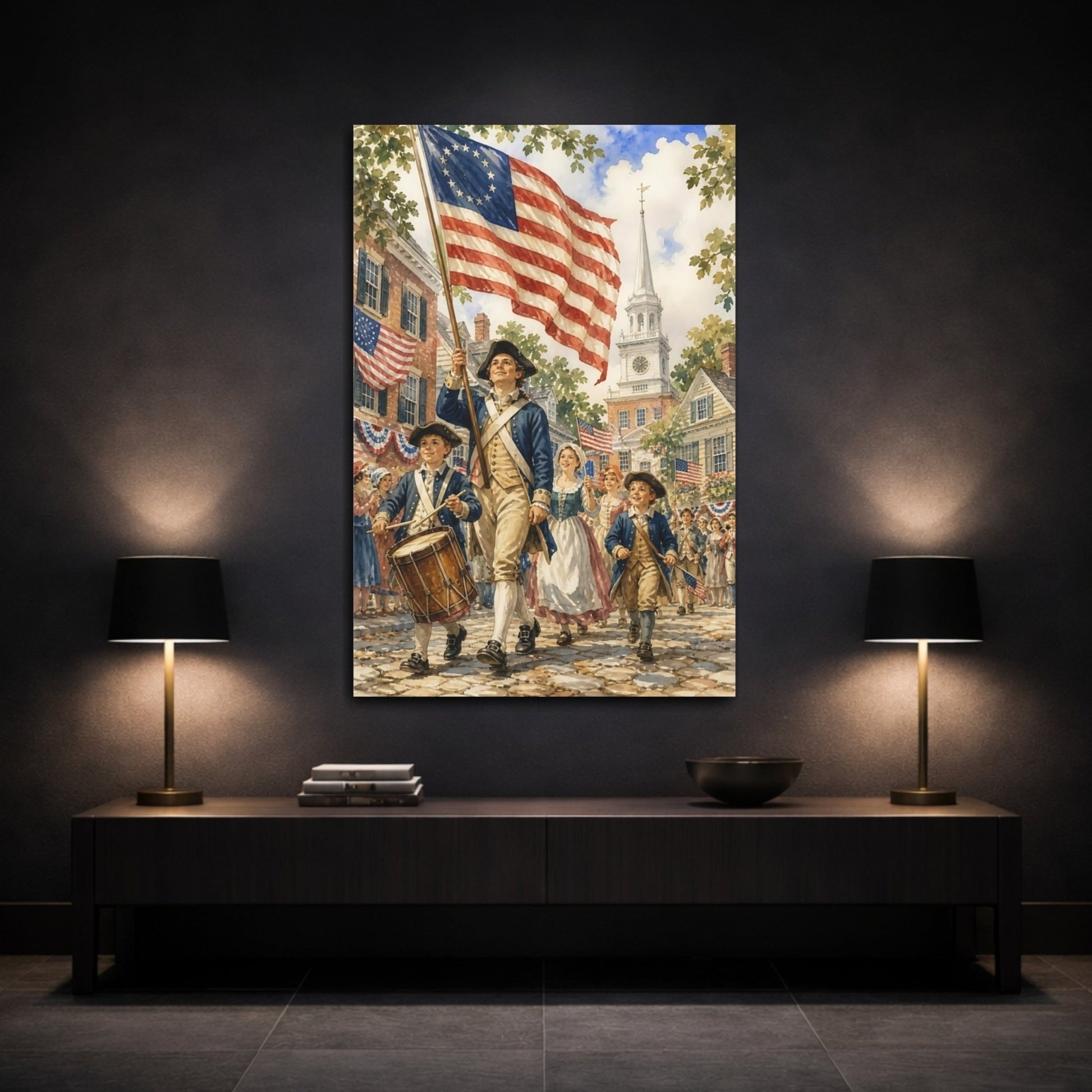 Vintage American Parade Red White Blue Canvas Wall Art Print – Traditional Living Room, Above Couch - YesArtYes