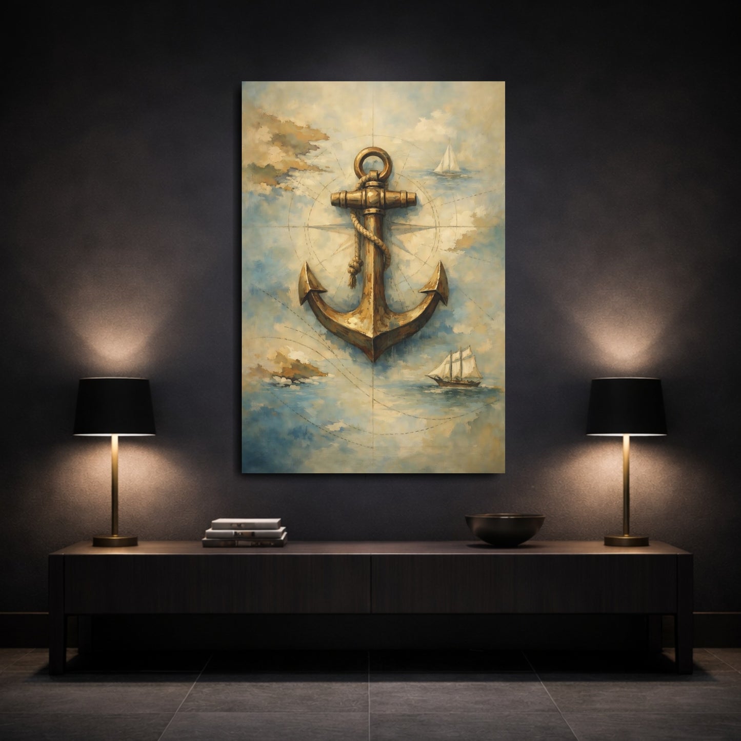 Mockup 2. Vintage Anchor Vintage Anchor shown as stretched canvas wall art