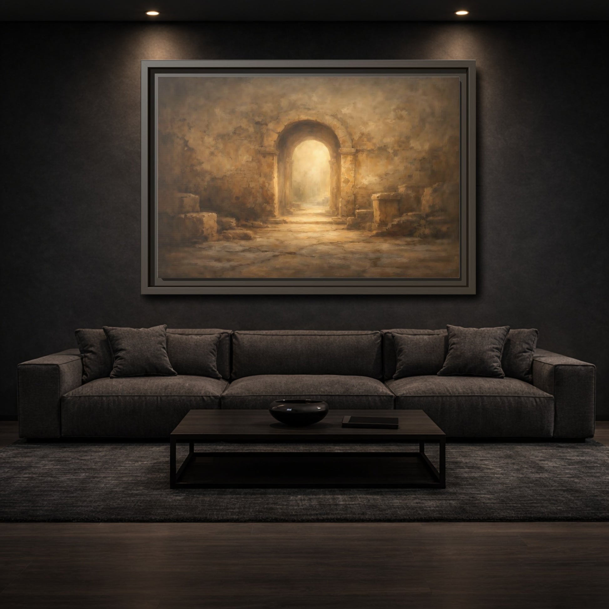 Mockup 2. Vintage Ancient Archway Brown And Gold Archway shown as stretched canvas wall art