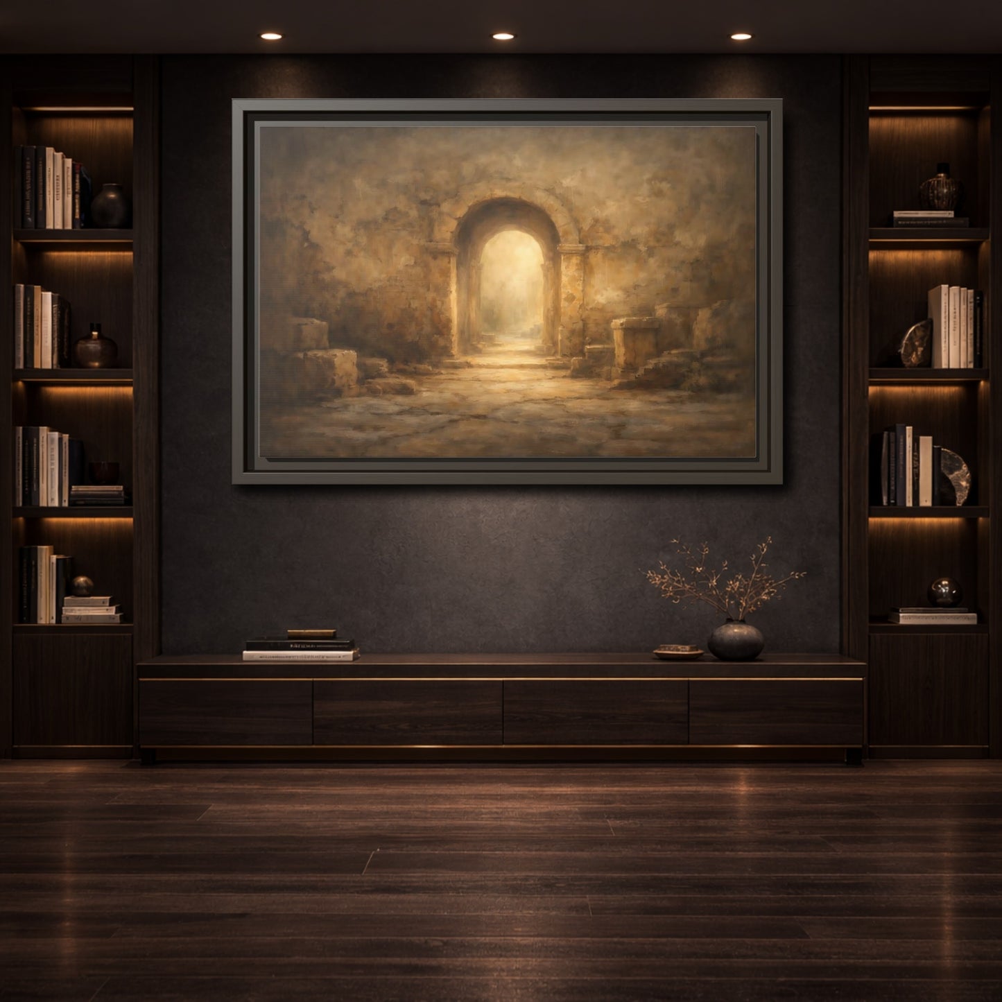 Mockup 3. Vintage Ancient Archway Brown And Gold Archway shown as stretched canvas wall art