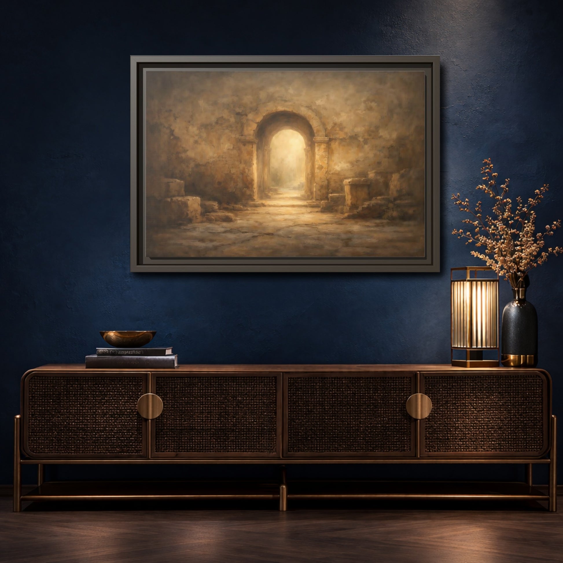 Mockup 4. Vintage Ancient Archway Brown And Gold Archway shown as stretched canvas wall art