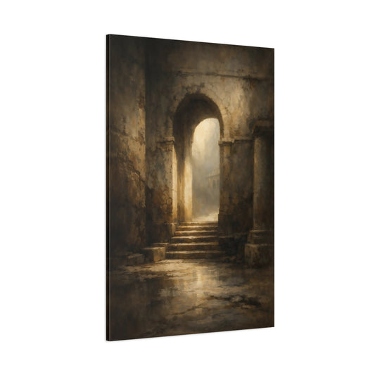Main Mockup. Vintage Ancient Archway Brown And Gold shown as stretched canvas wall art