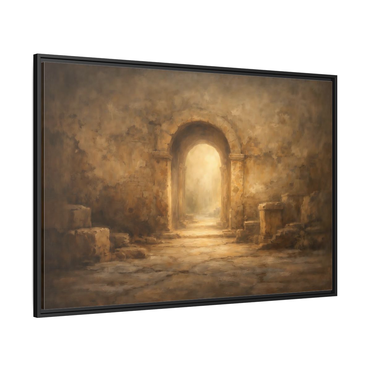 Side Mockup 12. Vintage Ancient Archway Brown And Gold Archway shown as stretched canvas wall art