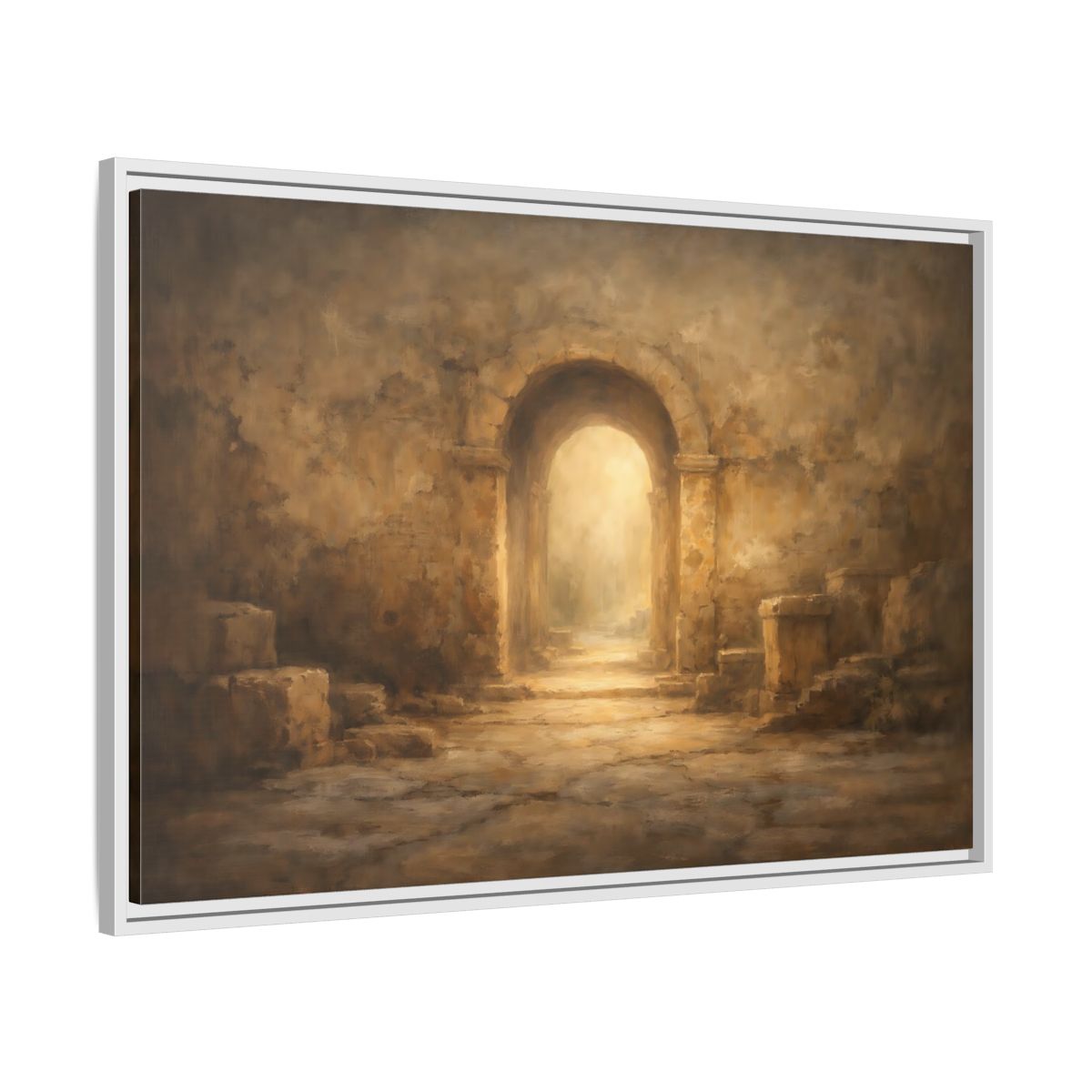 Side Mockup 8. Vintage Ancient Archway Brown And Gold Archway shown as stretched canvas wall art